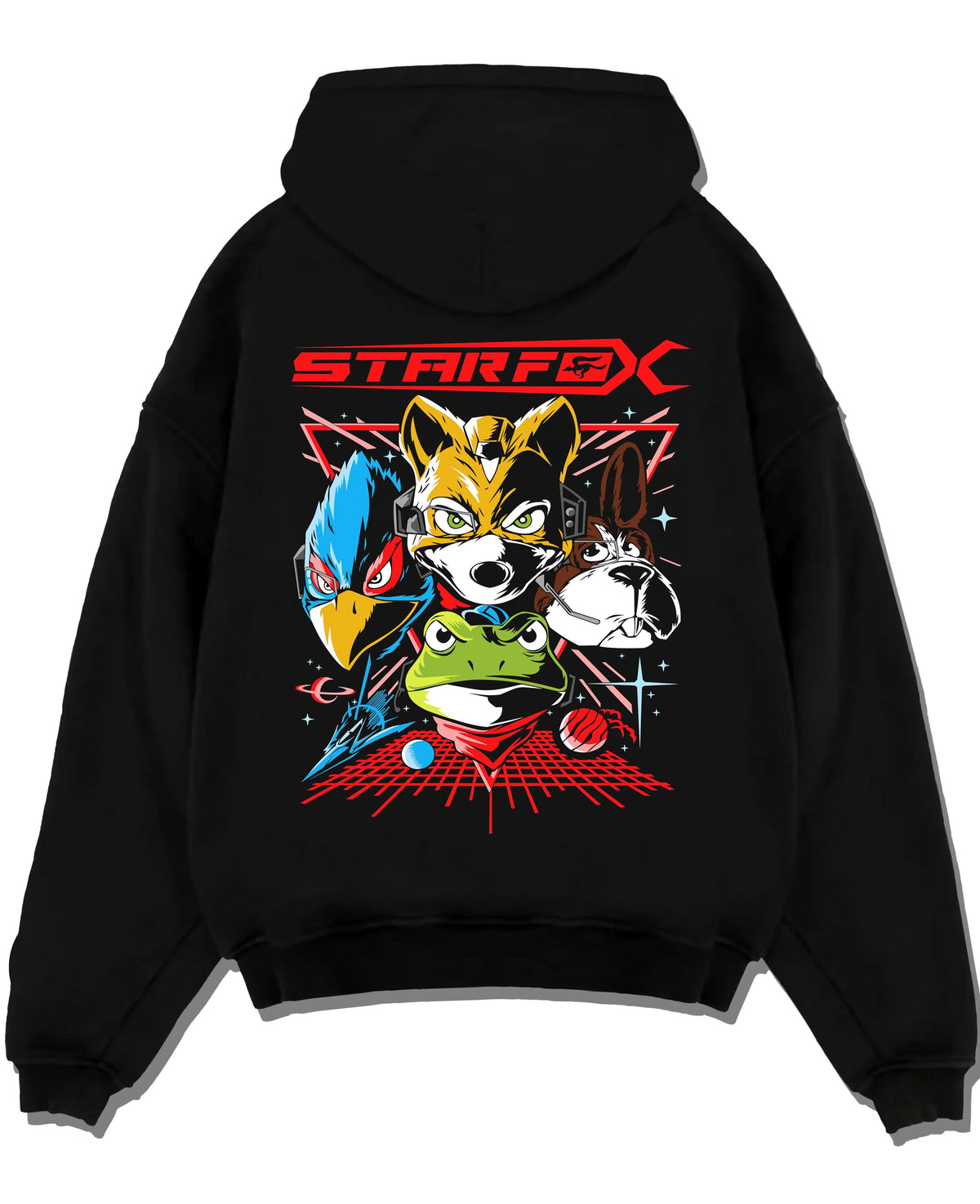 Black hoodie laid flat featuring Fox McCloud Star Fox Arwing pilot artwork with bold anime graphic print.