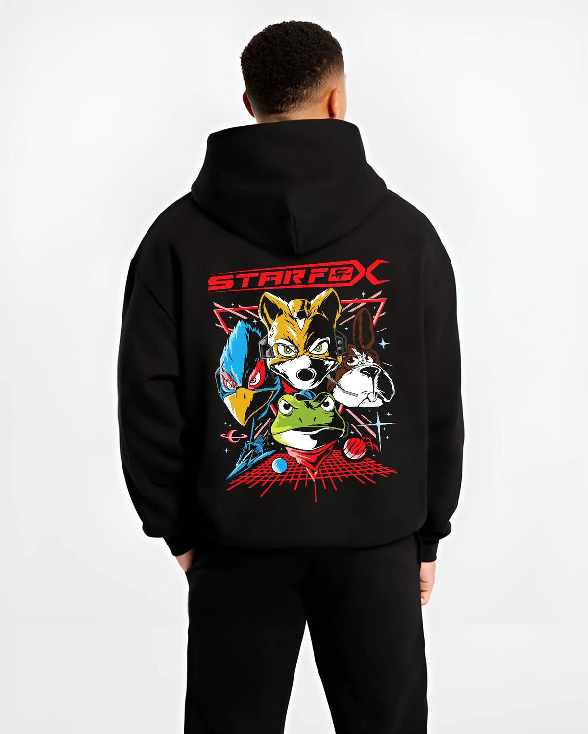 Black hoodie worn by male model from the back featuring Fox McCloud Star Fox Arwing pilot artwork.