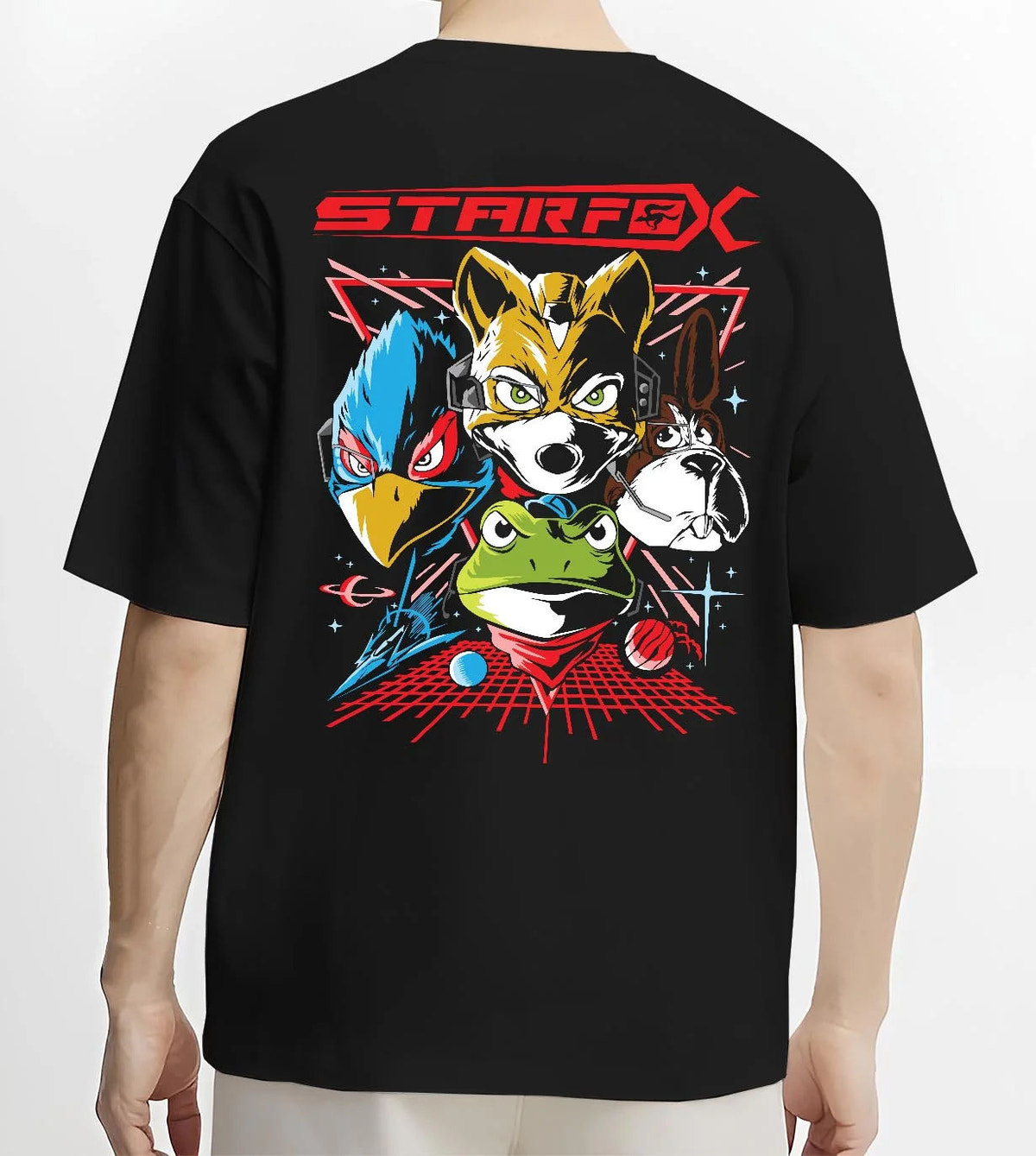 Black T-shirt worn by male model from the back featuring Fox McCloud Star Fox Arwing pilot artwork.