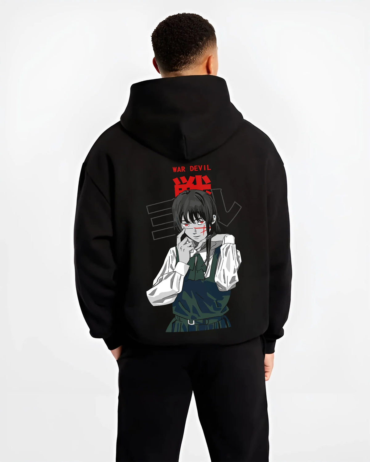 Black hoodie model back view showing Asa Mitaka / Yoru from Chainsaw Man: War Devil