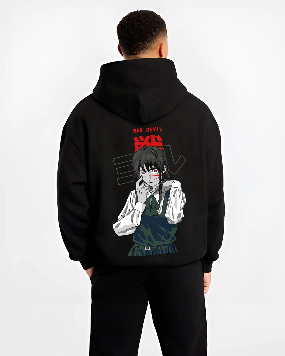 Black hoodie model back view showing Asa Mitaka / Yoru from Chainsaw Man: War Devil