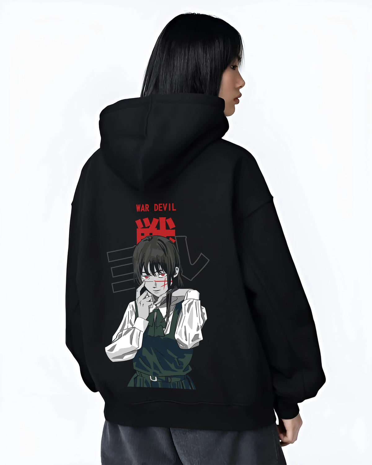 Black hoodie female model back view showing Asa Mitaka / Yoru from Chainsaw Man: War Devil
