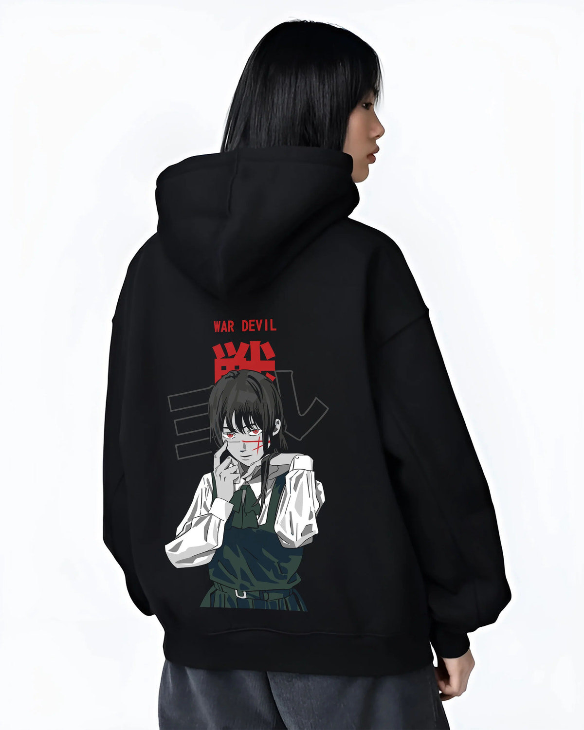 Black hoodie female model back view showing Asa Mitaka / Yoru from Chainsaw Man: War Devil