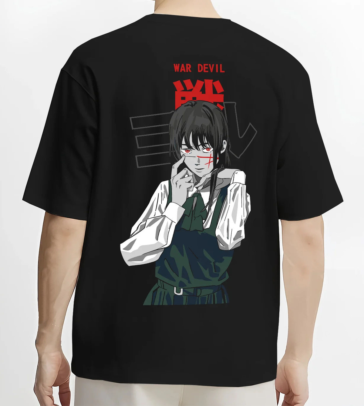 Black T-shirt model back view showing Asa Mitaka / Yoru from Chainsaw Man: War Devil