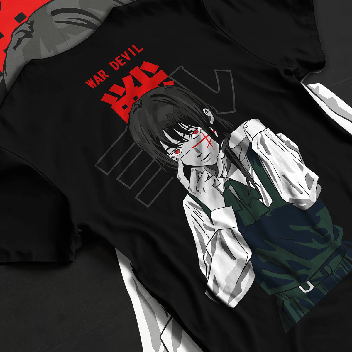 Black T-shirt flat back view showing Asa Mitaka / Yoru from Chainsaw Man: War Devil