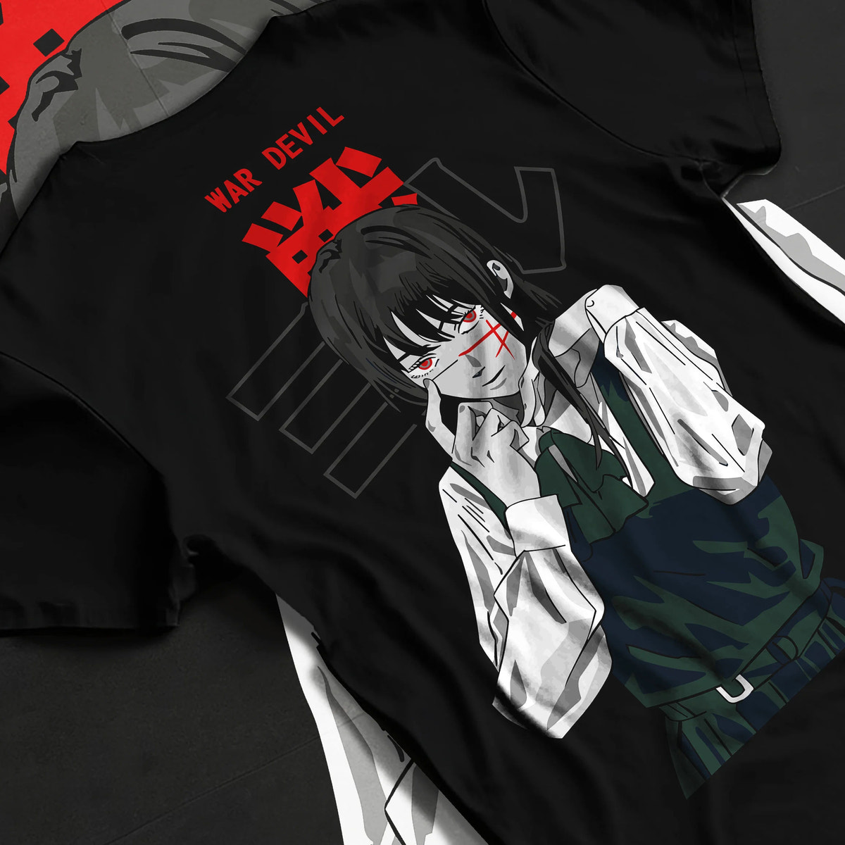 Black T-shirt flat back view showing Asa Mitaka / Yoru from Chainsaw Man: War Devil