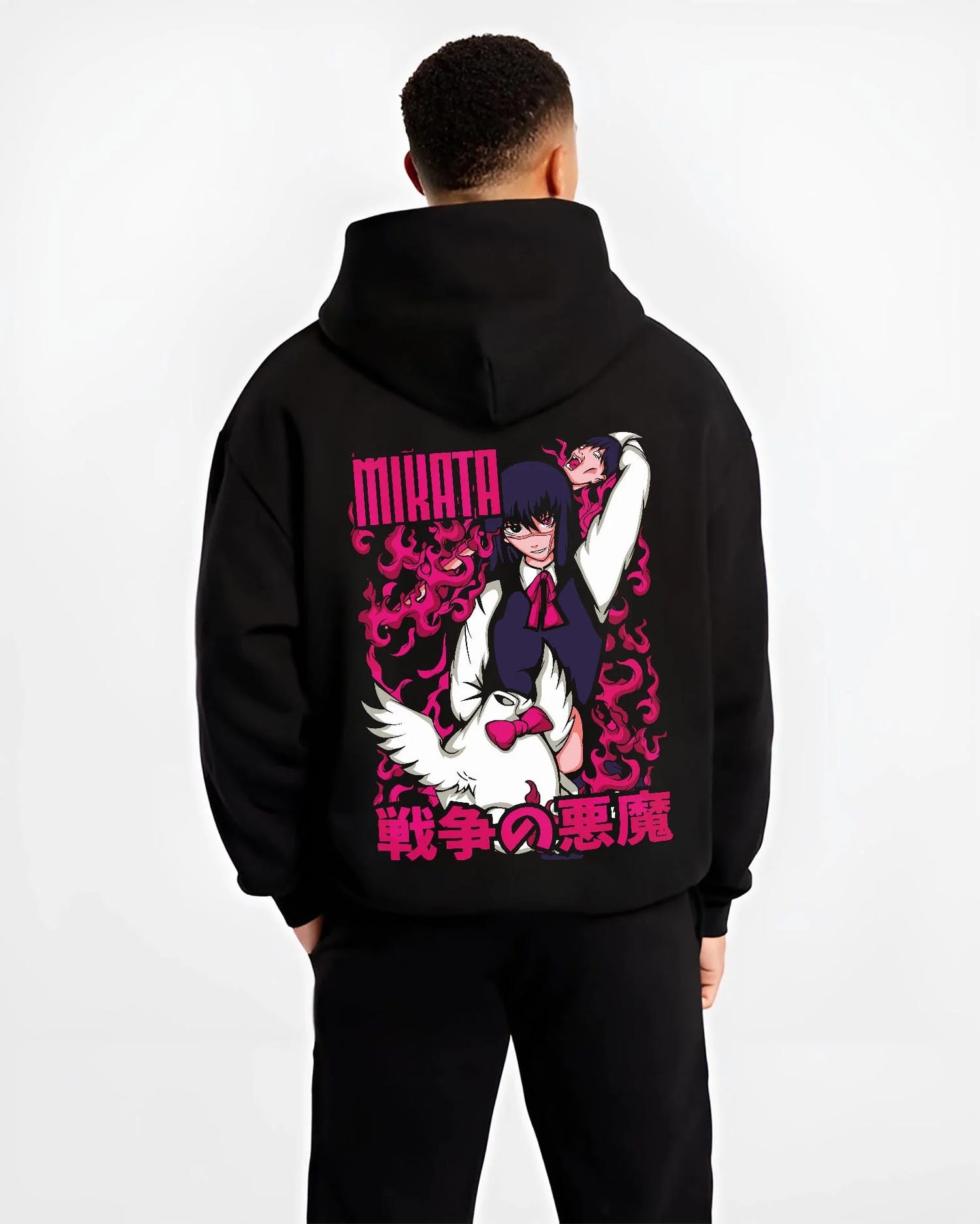 Black hoodie worn by male model, back view with Ai Mikata Hoodie Warau Salesman Gothic Flame Anime graphic bold anime graphic.