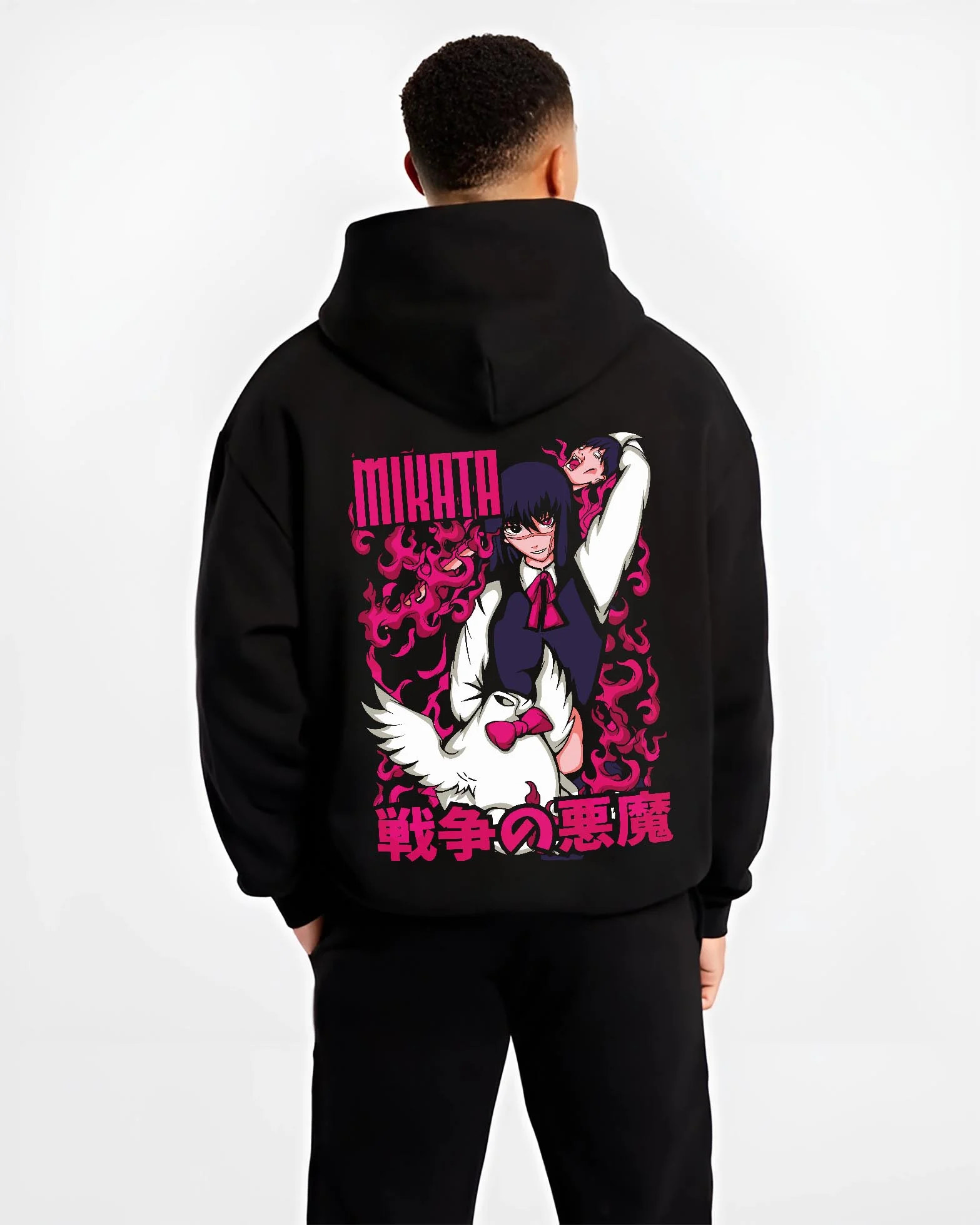Black hoodie worn by male model, back view with Ai Mikata Hoodie Warau Salesman Gothic Flame Anime graphic bold anime graphic.