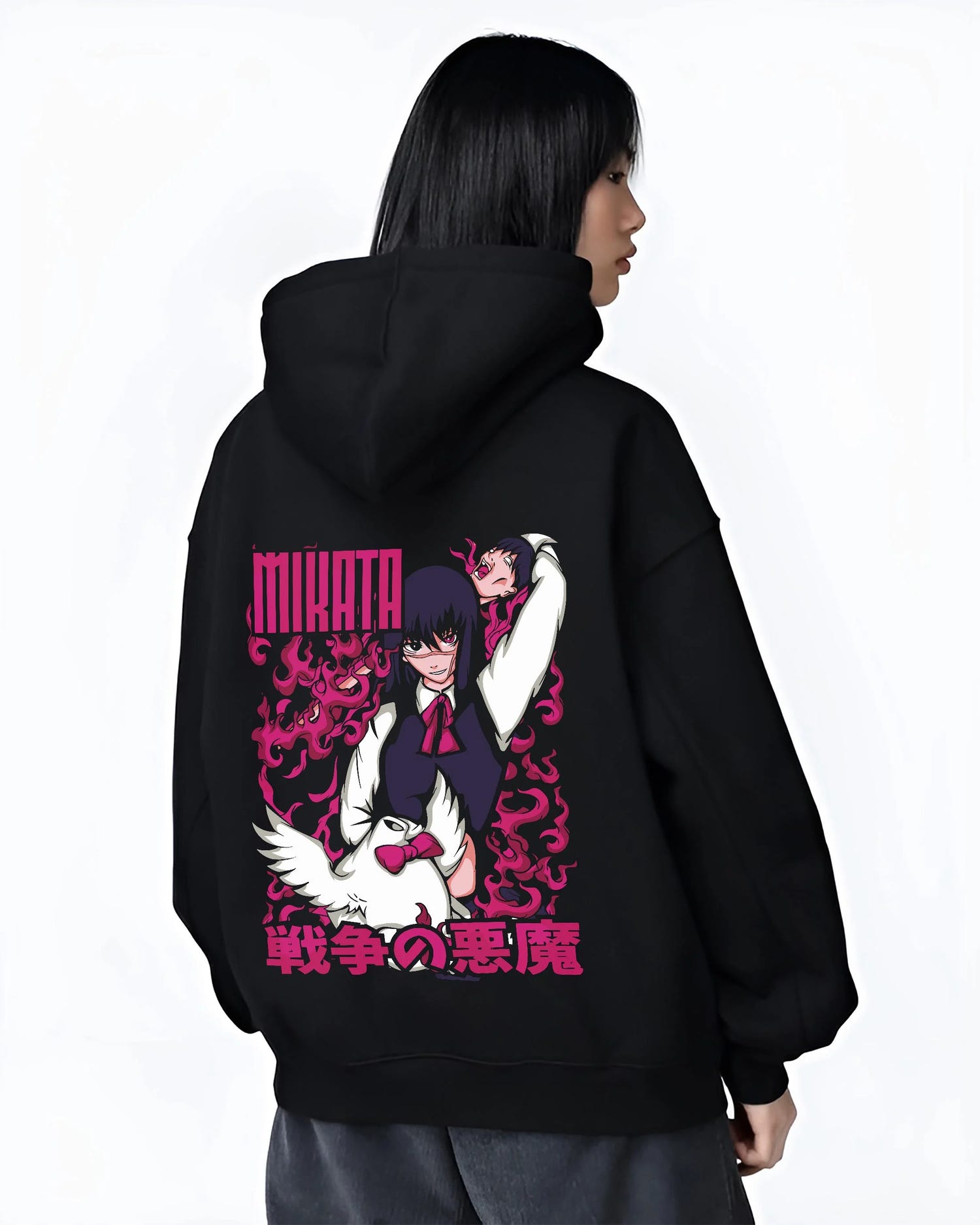 Black hoodie worn by female model, back view with Ai Mikata Hoodie Warau Salesman Gothic Flame Anime graphic streetwear graphic.