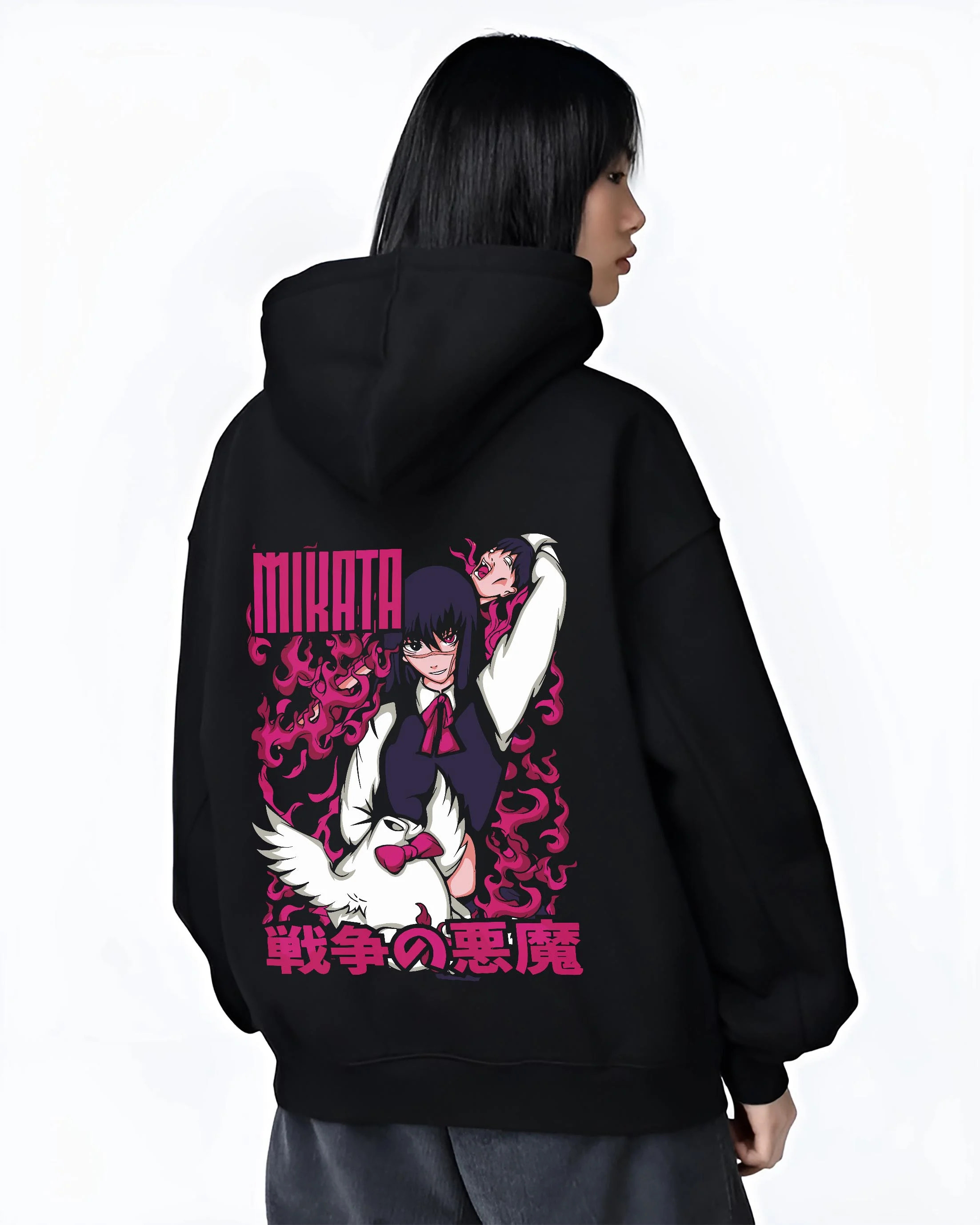 Black hoodie worn by female model, back view with Ai Mikata Hoodie Warau Salesman Gothic Flame Anime graphic streetwear graphic.