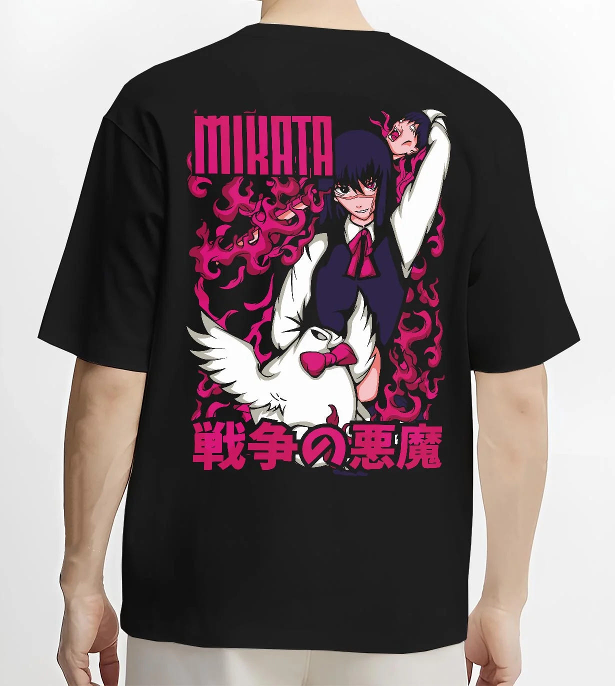 Black T-shirt worn by male model, back view with Ai Mikata Hoodie Warau Salesman Gothic Flame Anime graphic premium wear.