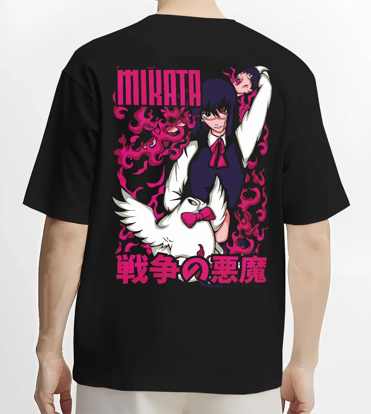 Black T-shirt worn by male model, back view with Ai Mikata Hoodie Warau Salesman Gothic Flame Anime graphic premium wear.