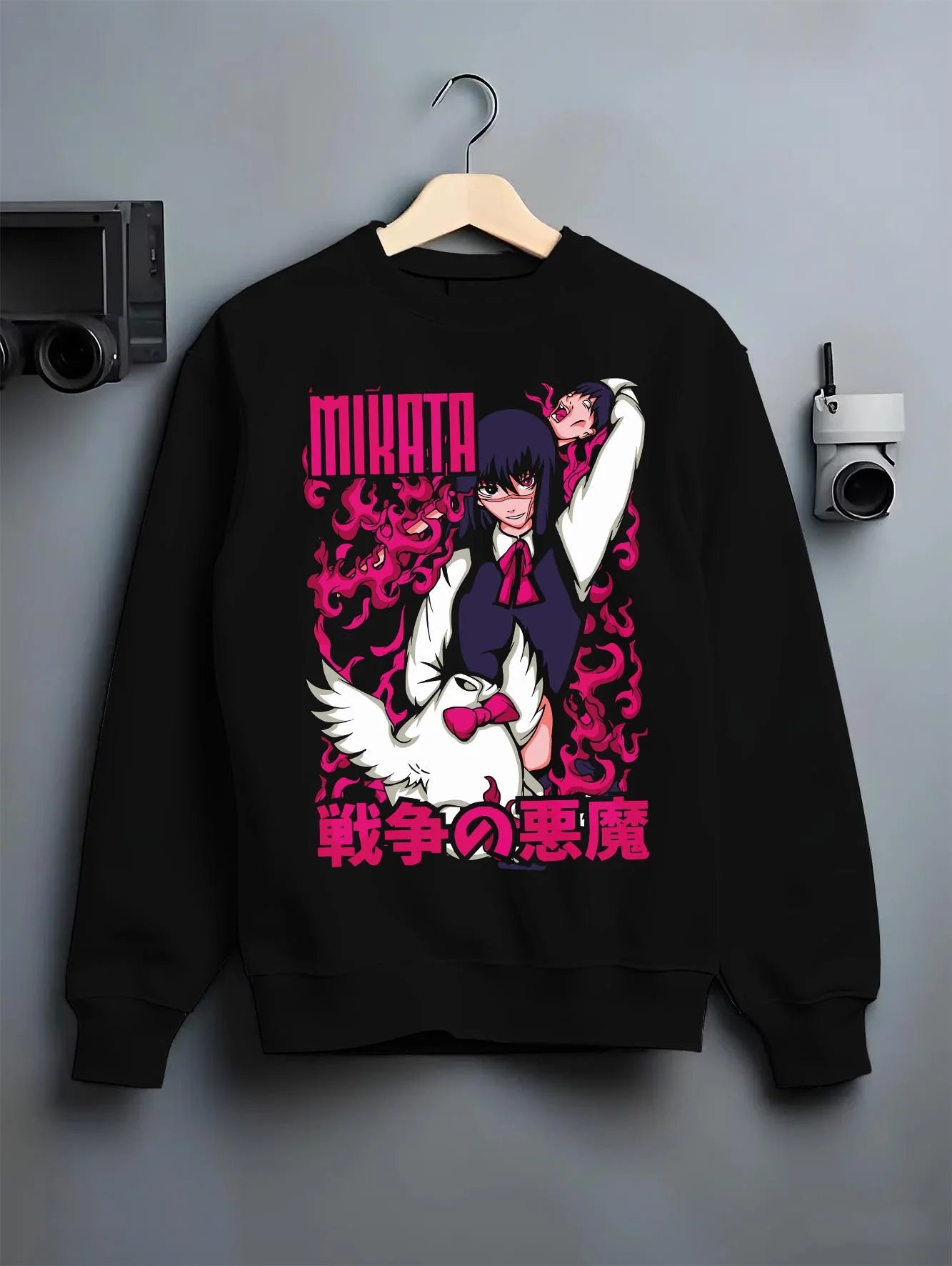 Black crewneck sweatshirt on hanger with Ai Mikata Hoodie Warau Salesman Gothic Flame Anime graphic bold anime graphic.