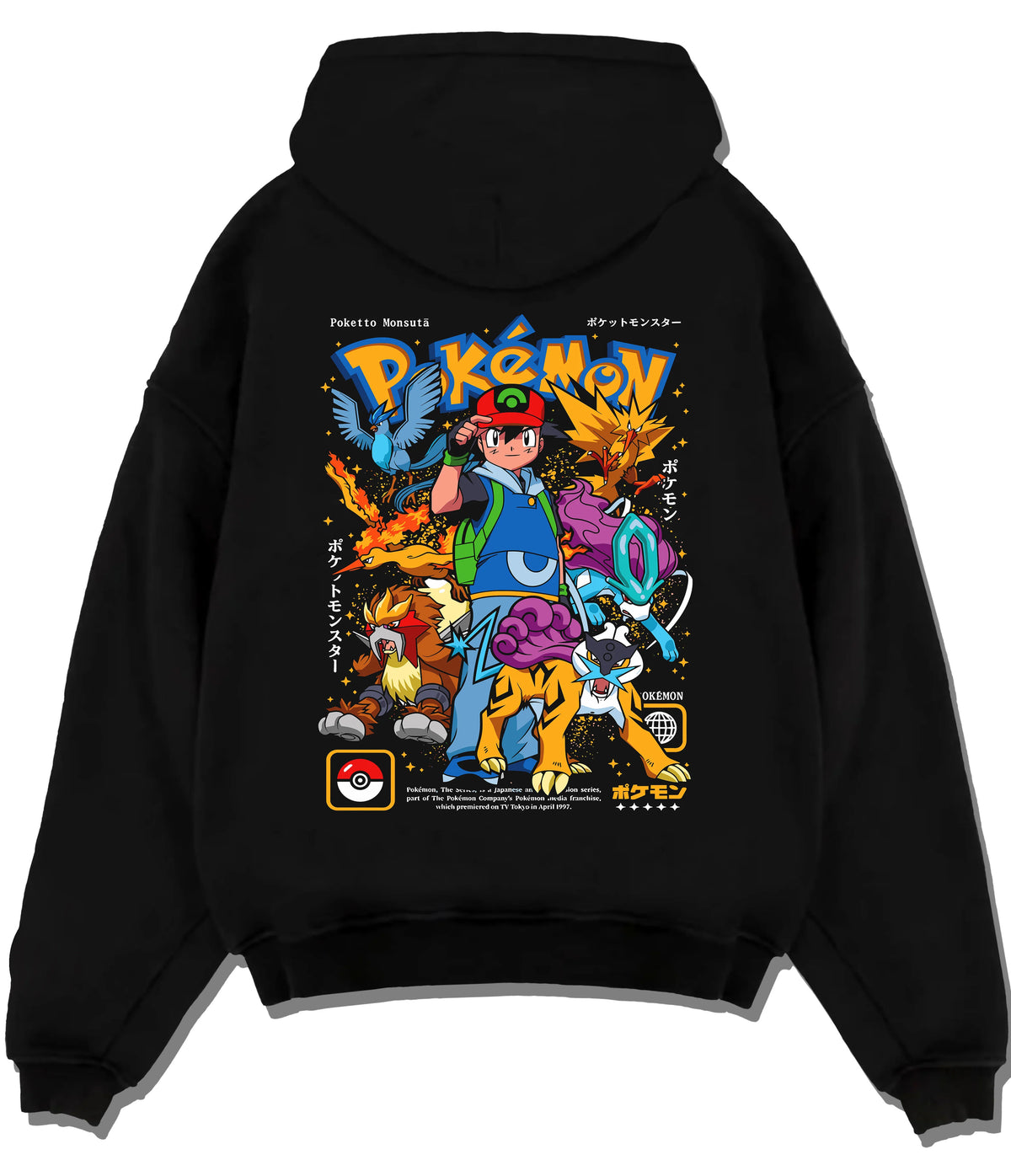 Black hoodie flat back view with Ash Ketchum and Pokémon illustrated back graphic