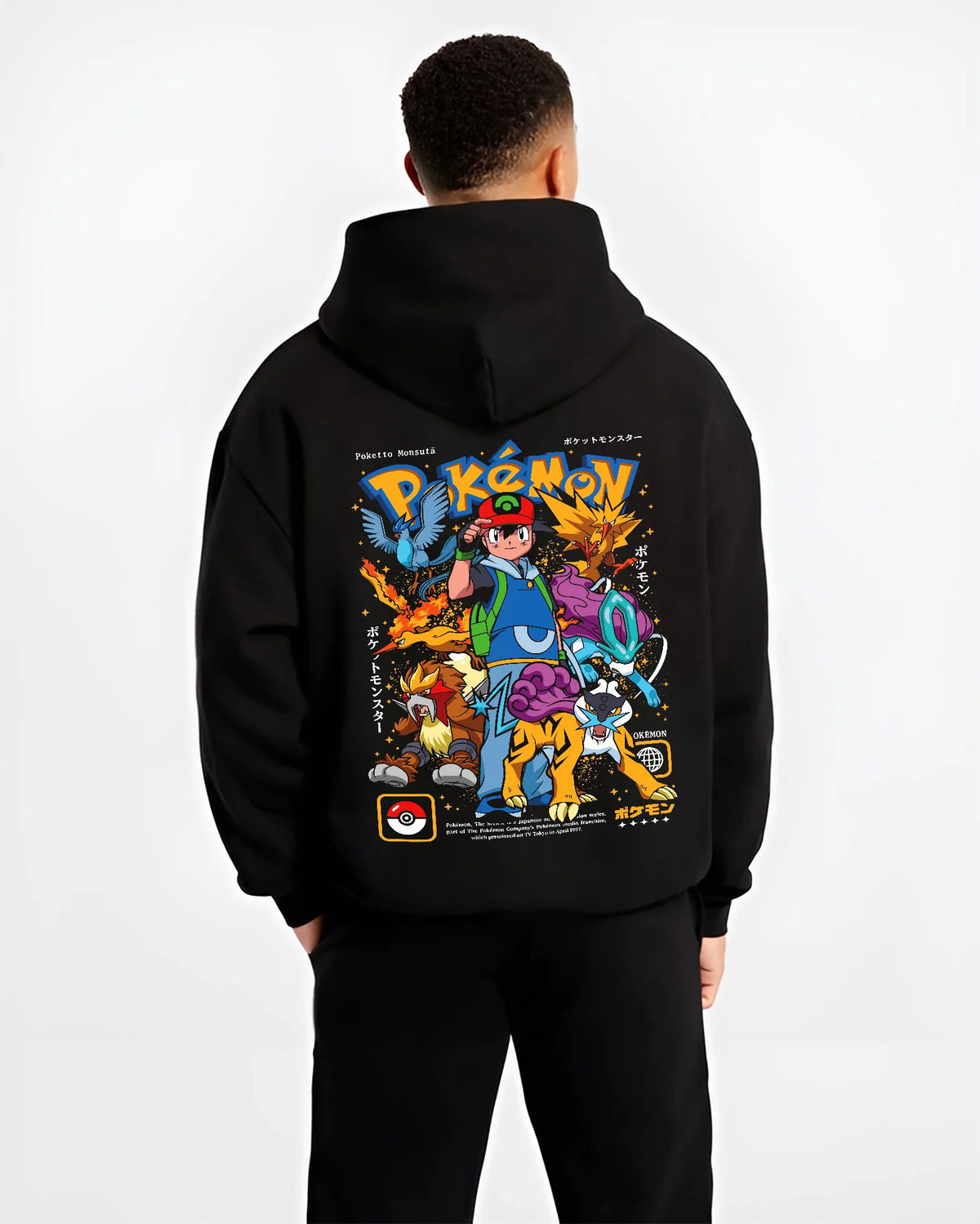Black hoodie model back view with Ash Ketchum and Pokémon illustrated back graphic