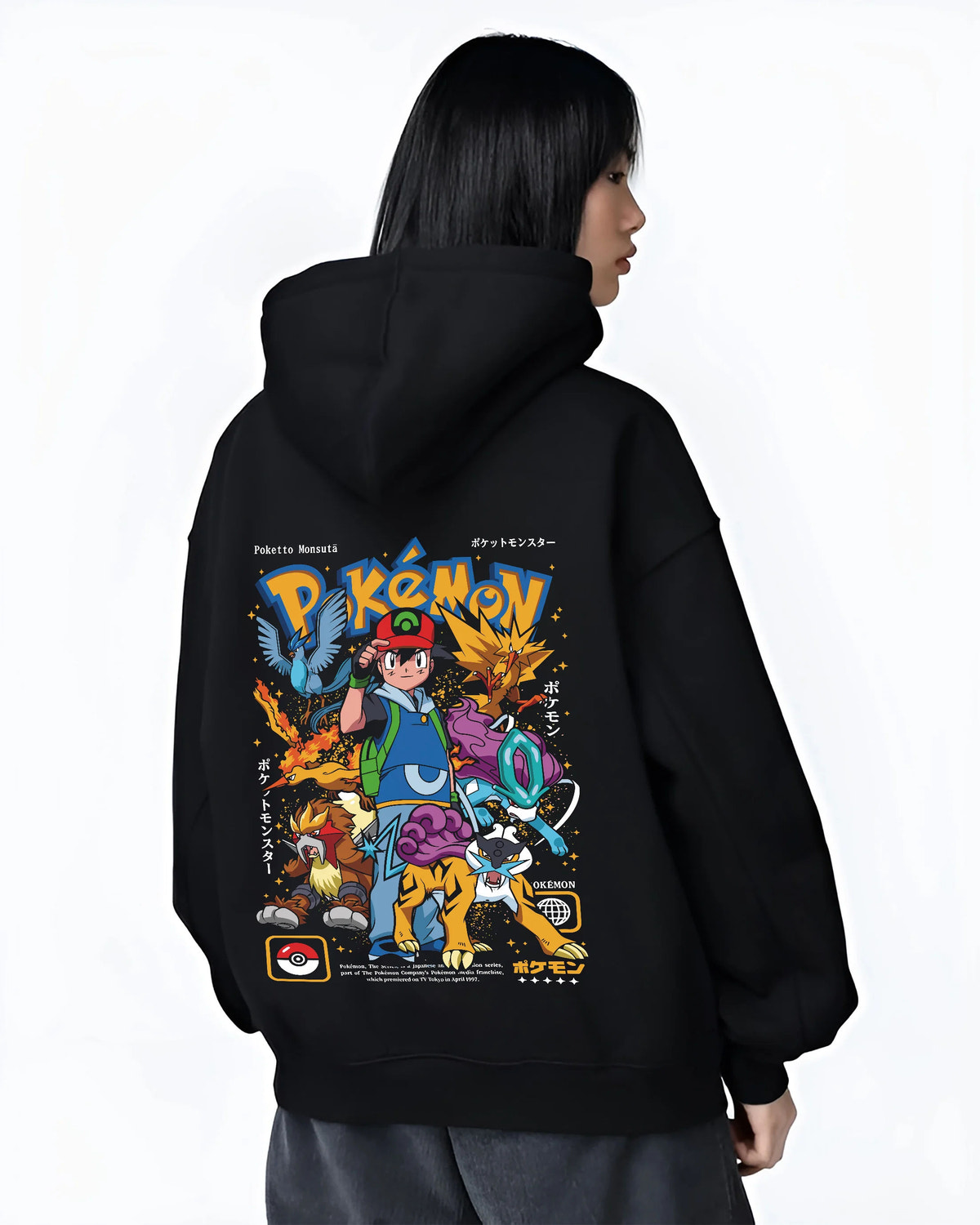 Black hoodie female model back view with Ash Ketchum and Pokémon illustrated back graphic