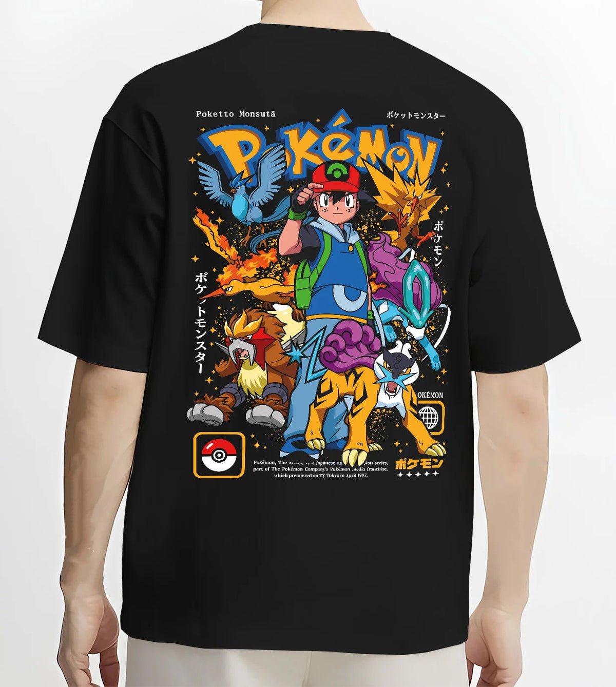 Black T-shirt model back view with Ash Ketchum and Pokémon illustrated back graphic
