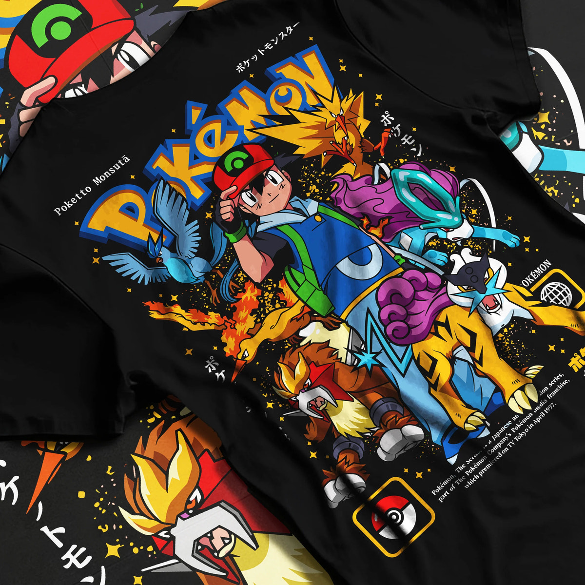 Black T-shirt flat back view with Ash Ketchum and Pokémon illustrated back graphic