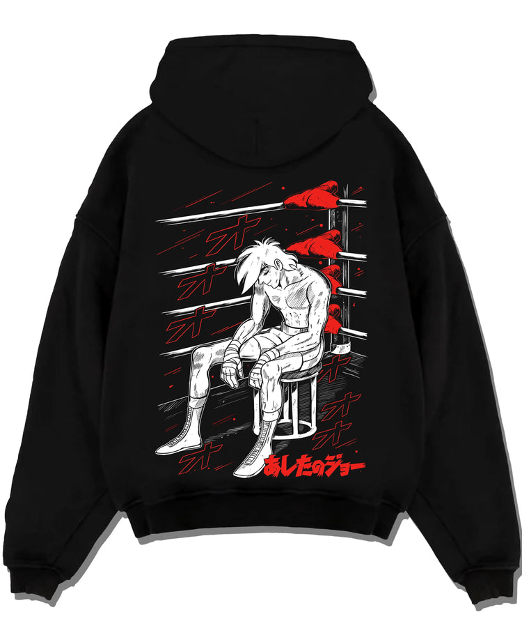 Black pullover hoodie laid flat with Shiro Hoodie Great Pretender Retro Anime Chair Scene graphic Shiro anime design.