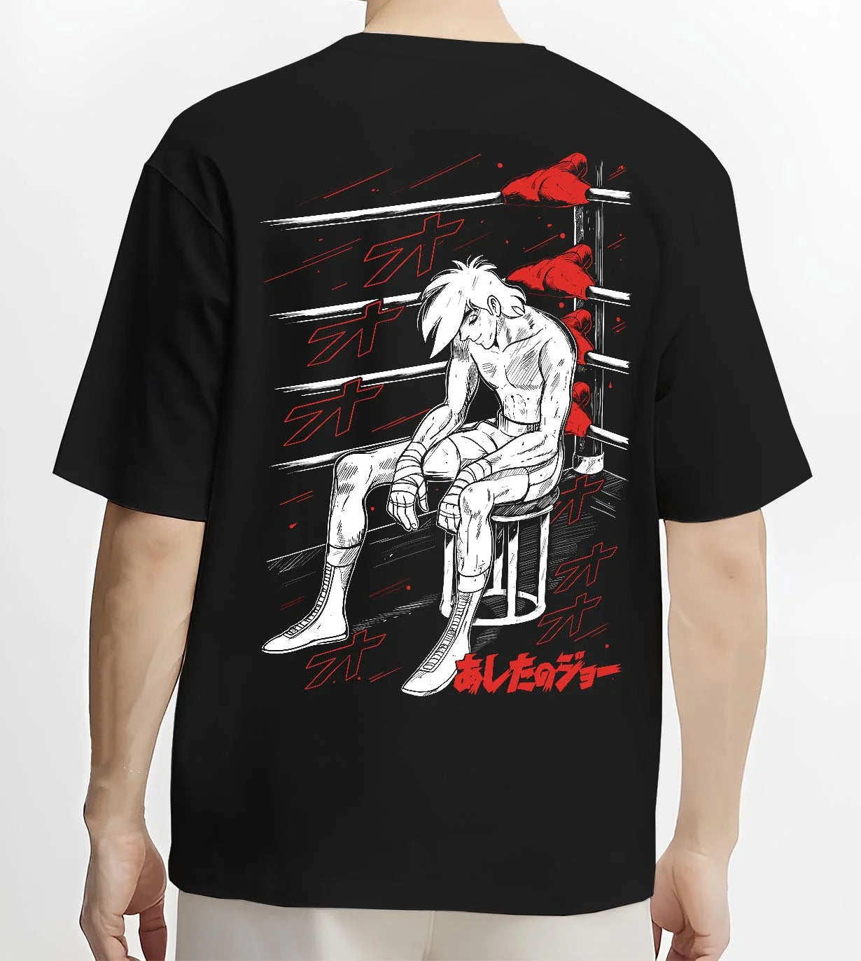 Black T-shirt worn by male model, back view with Shiro Hoodie Great Pretender Retro Anime Chair Scene graphic Shiro anime design.