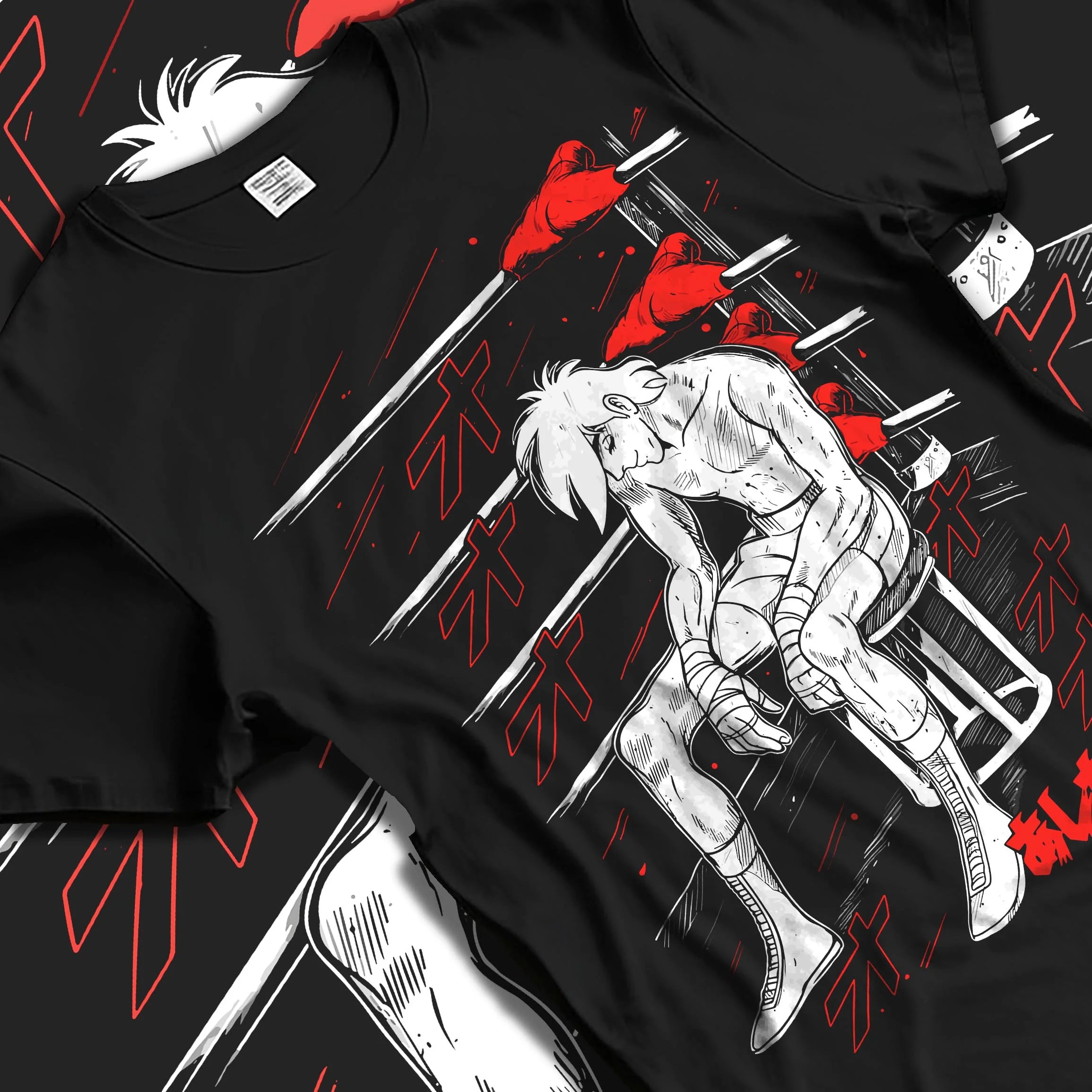 Black T-shirt laid flat with natural folds with Shiro Hoodie Great Pretender Retro Anime Chair Scene graphic bold anime graphic.