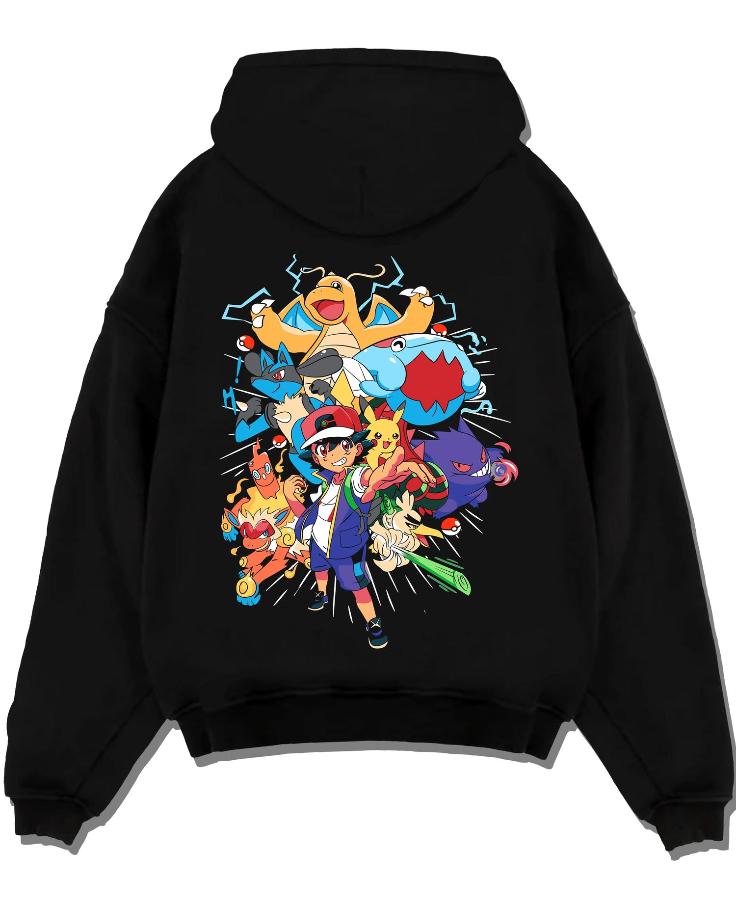 Black pullover hoodie laid flat with Ash and Pikachu Hoodie Pokémon Retro Anime Team Pose graphic bold anime graphic.
