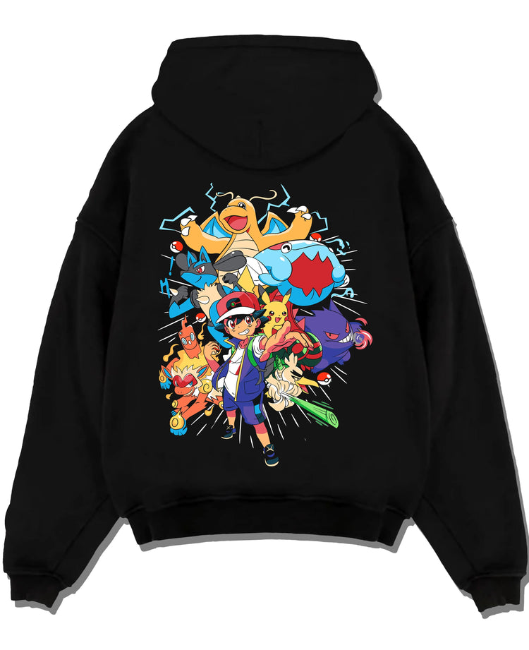 Black pullover hoodie laid flat with Ash and Pikachu Hoodie Pokémon Retro Anime Team Pose graphic bold anime graphic.