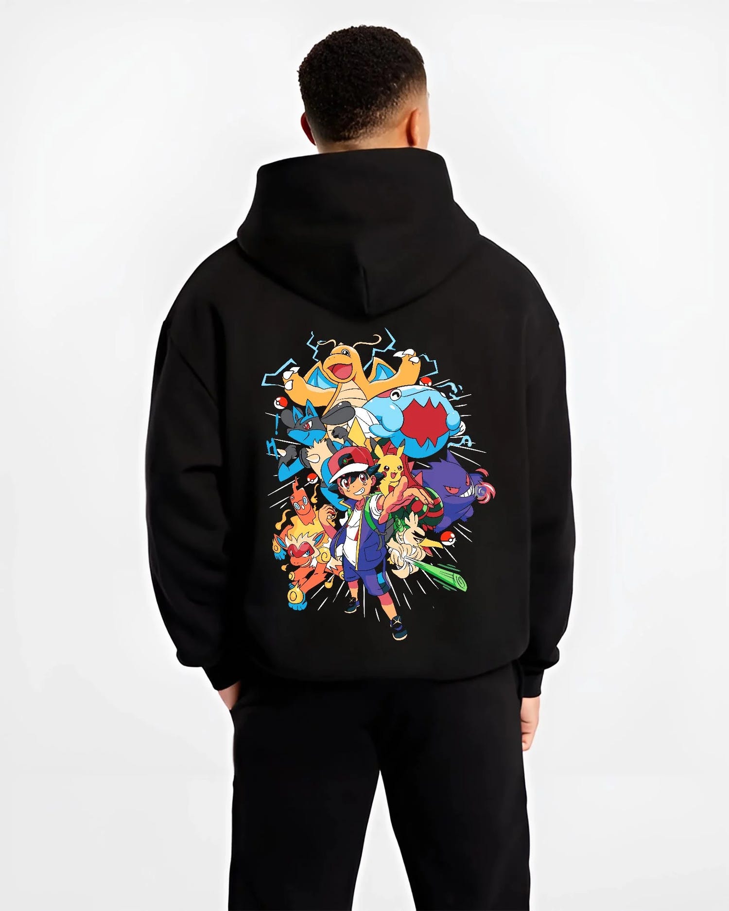 Black hoodie worn by male model, back view with Ash and Pikachu Hoodie Pokémon Retro Anime Team Pose graphic streetwear graphic.