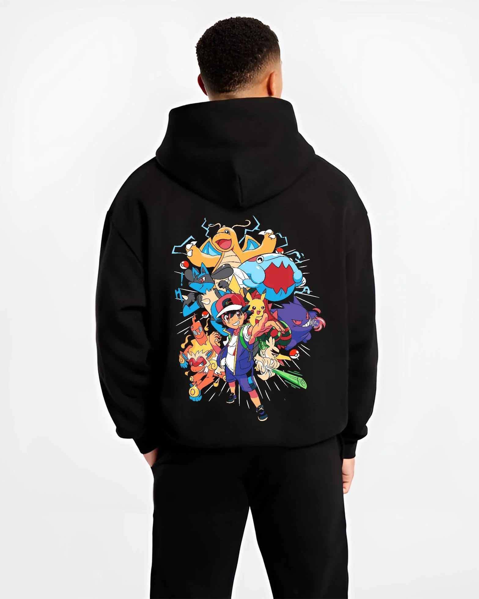 Black hoodie worn by male model, back view with Ash and Pikachu Hoodie Pokémon Retro Anime Team Pose graphic streetwear graphic.