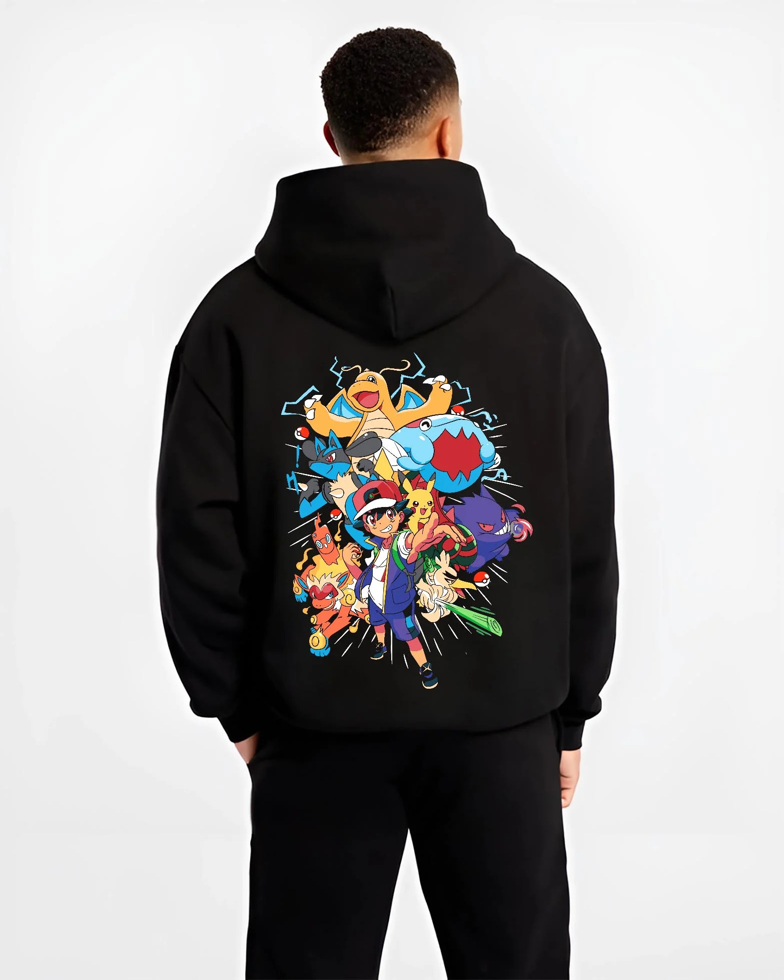Black hoodie worn by male model, back view with Ash and Pikachu Hoodie Pokémon Retro Anime Team Pose graphic streetwear graphic.
