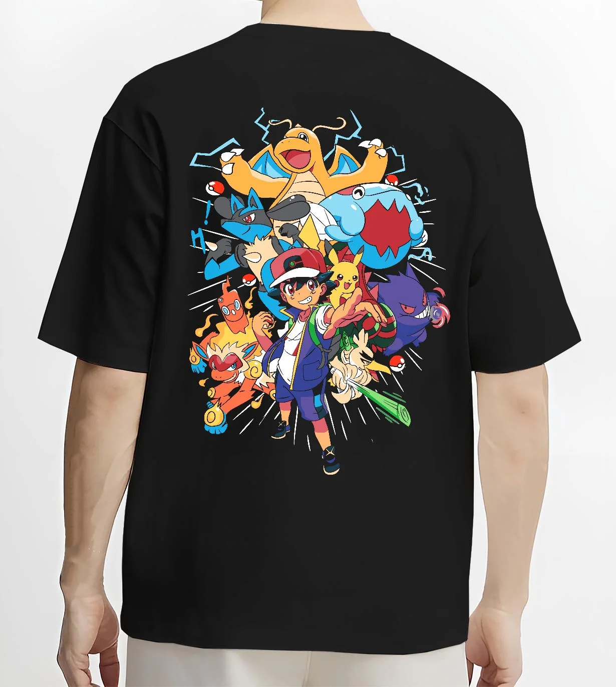 Black T-shirt worn by male model, back view with Ash and Pikachu Hoodie Pokémon Retro Anime Team Pose graphic streetwear graphic.