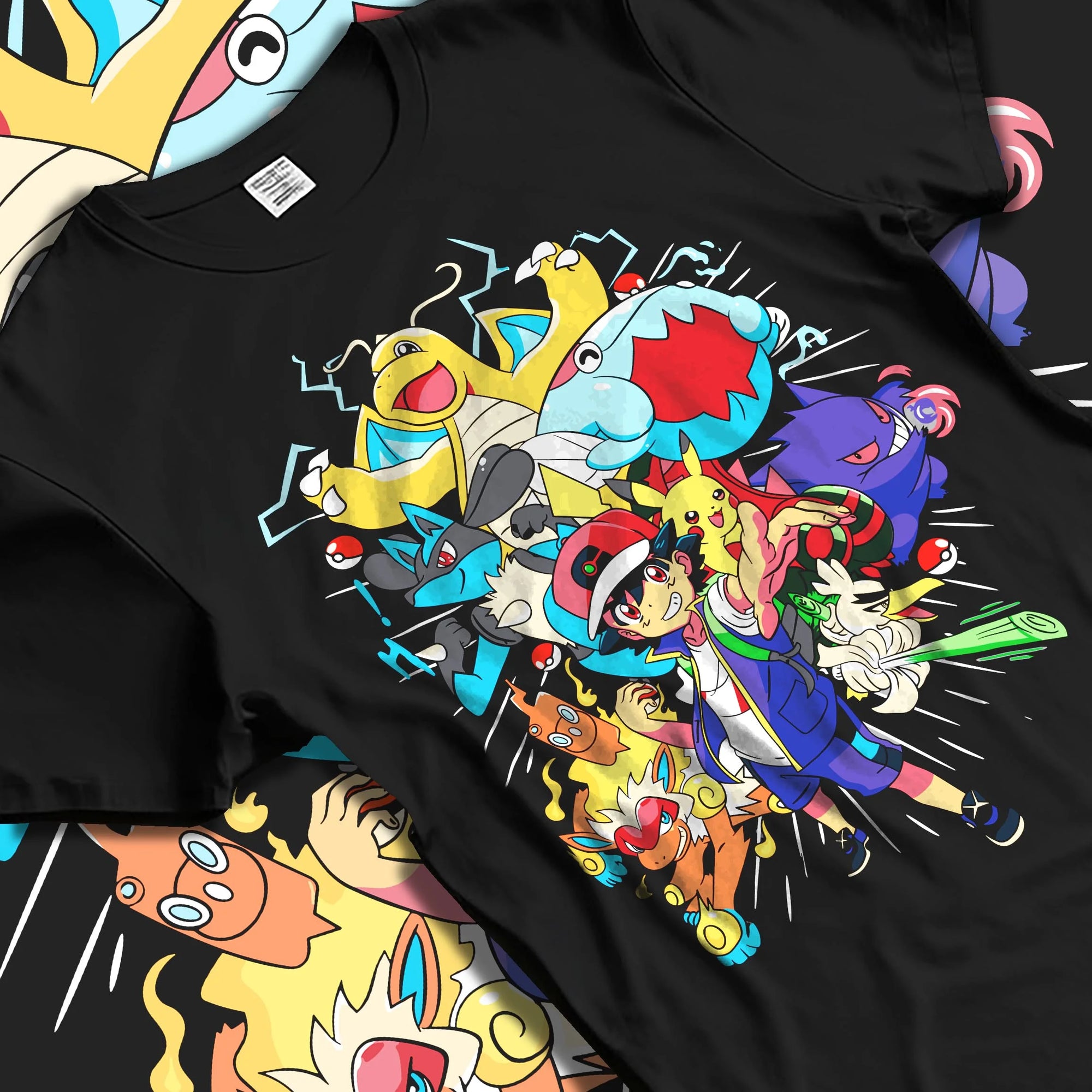 Black T-shirt laid flat with natural folds with Ash and Pikachu Hoodie Pokémon Retro Anime Team Pose graphic premium wear.