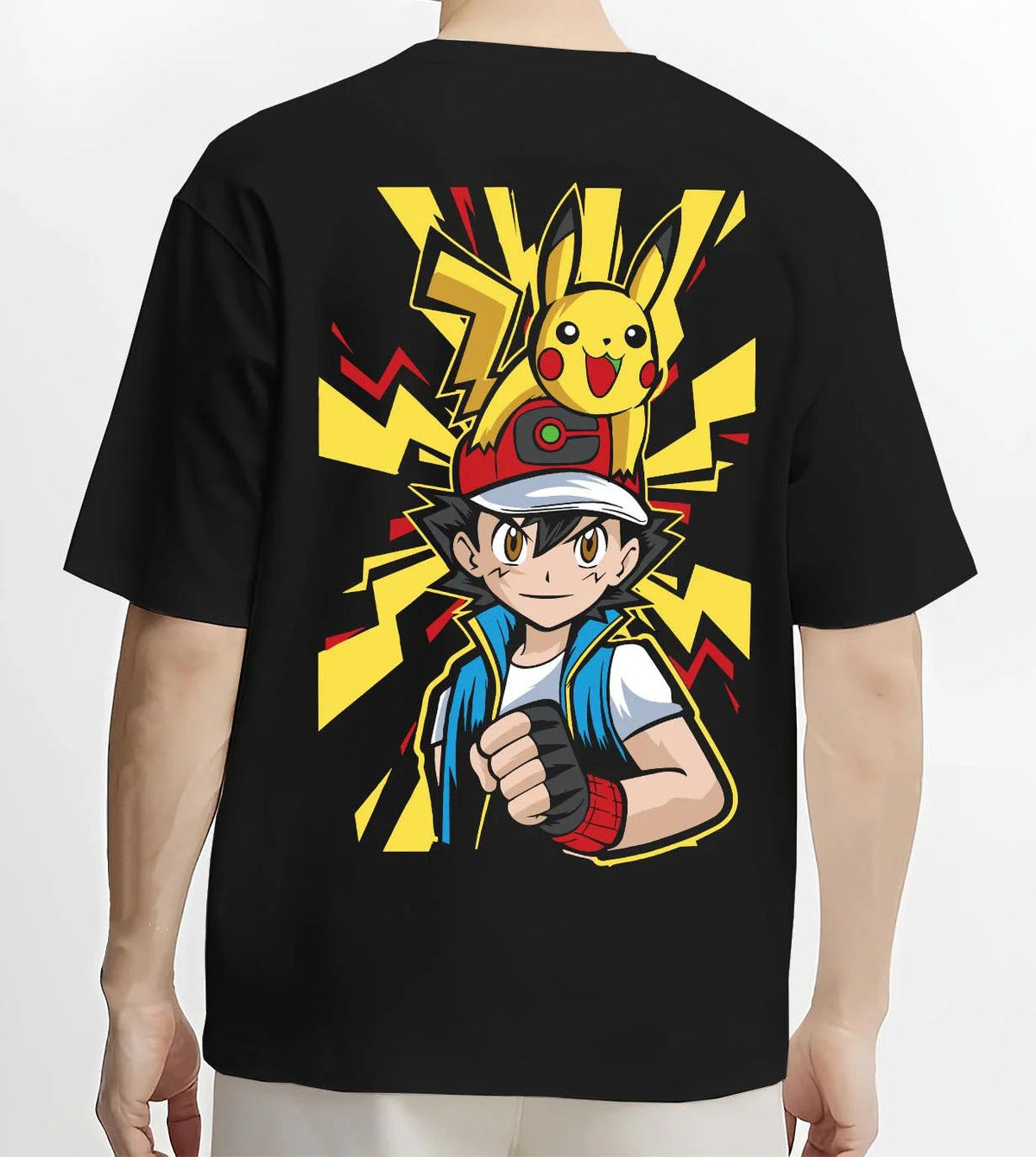 Black T-shirt worn by male model from the back featuring Ash Ketchum and Pikachu Pokémon journey artwork.