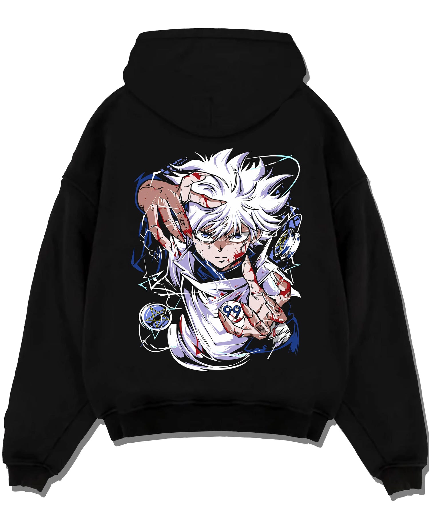 Black pullover hoodie laid flat with Hunter x Hunter Killua Hoodie Assassin Mode Jumper graphic premium wear.