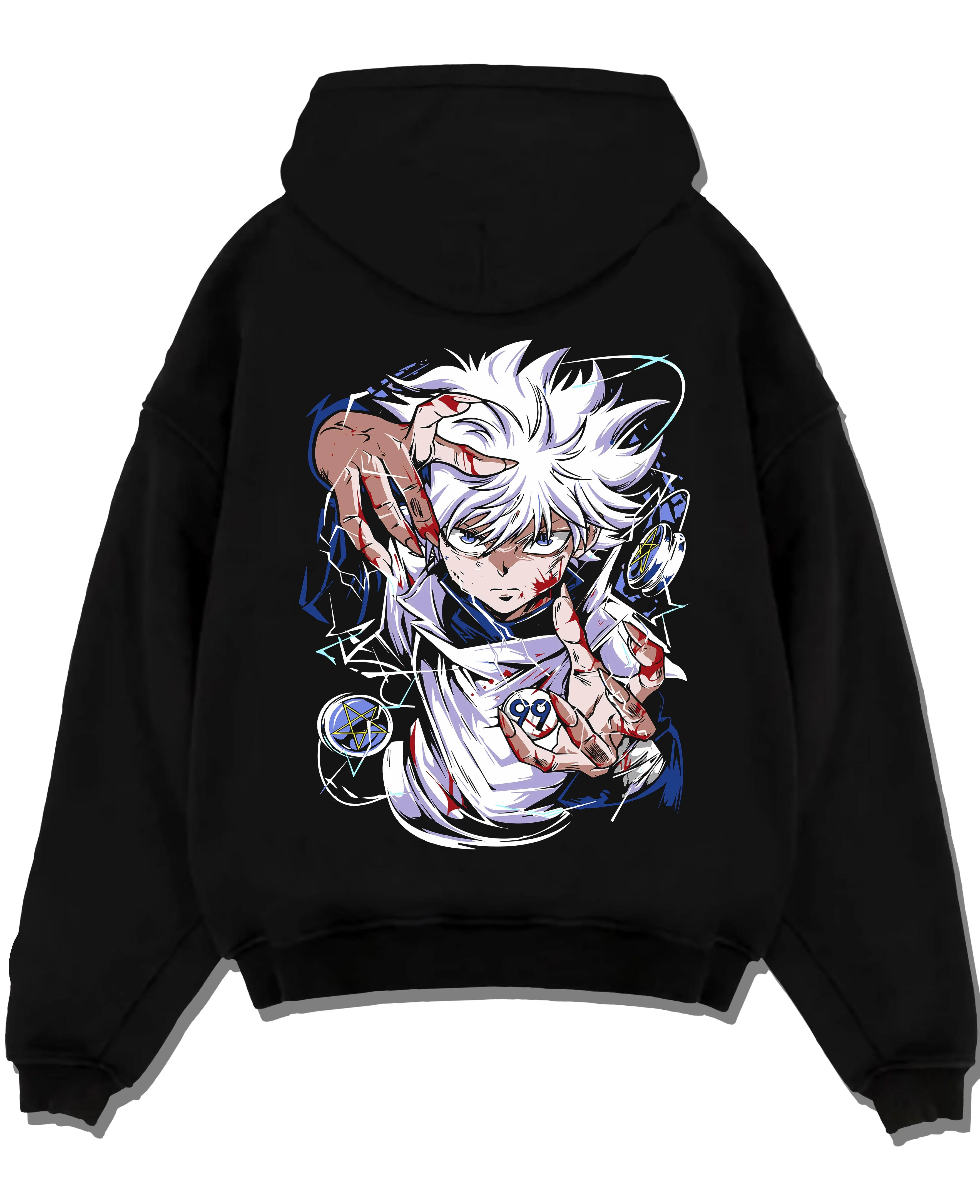 Black pullover hoodie laid flat with Hunter x Hunter Killua Hoodie Assassin Mode Jumper graphic premium wear.