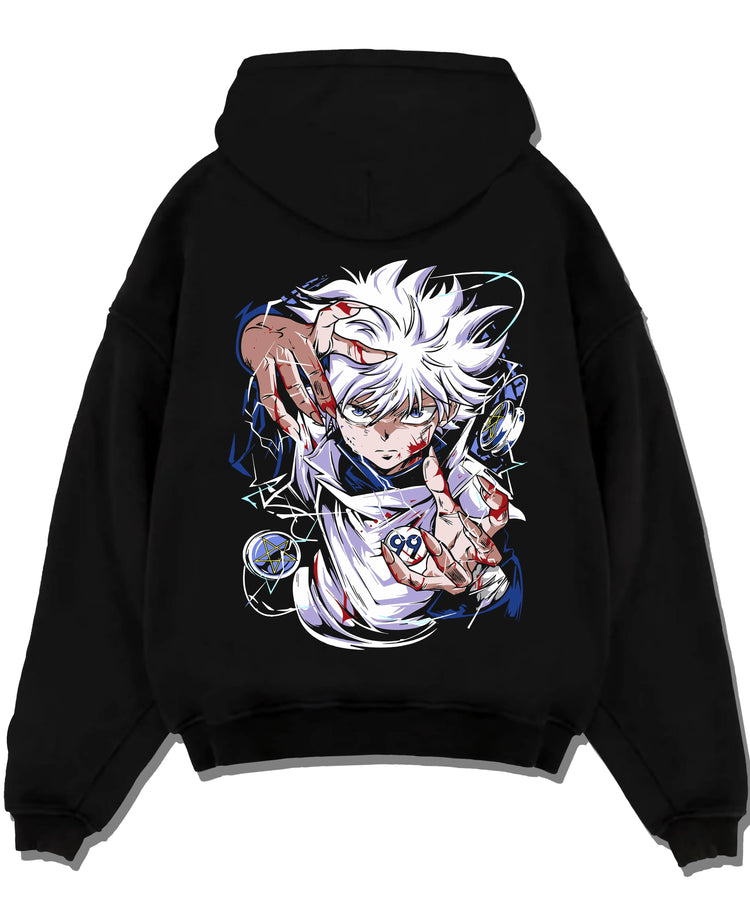 Black pullover hoodie laid flat with Hunter x Hunter Killua Hoodie Assassin Mode Jumper graphic premium wear.