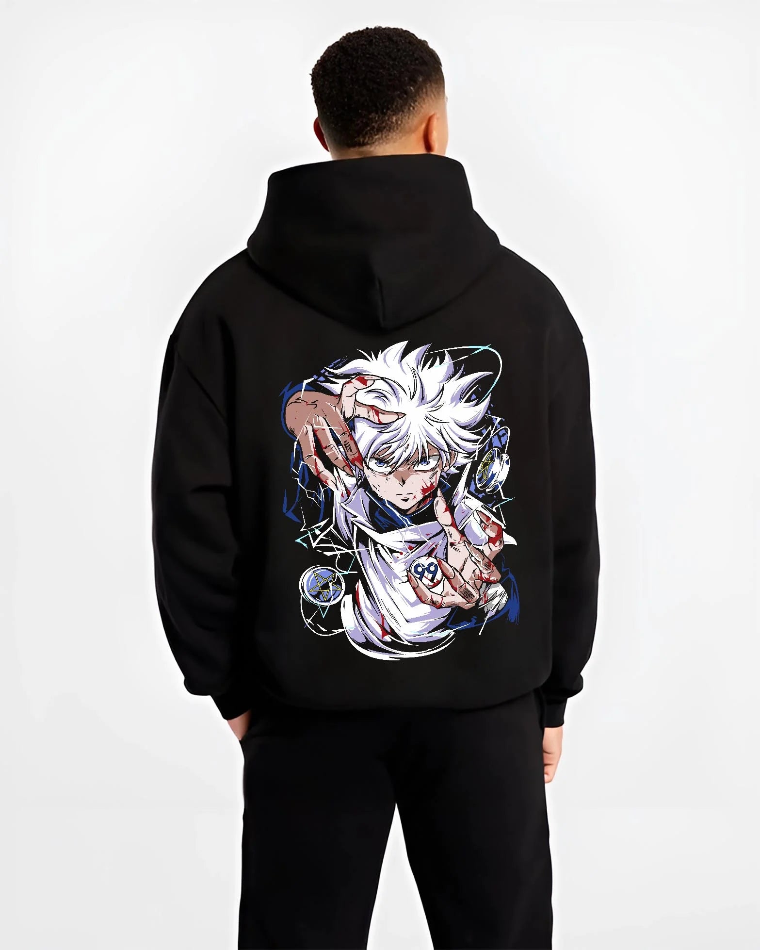 Black hoodie worn by male model, back view with Hunter x Hunter Killua Hoodie Assassin Mode Jumper graphic streetwear graphic.