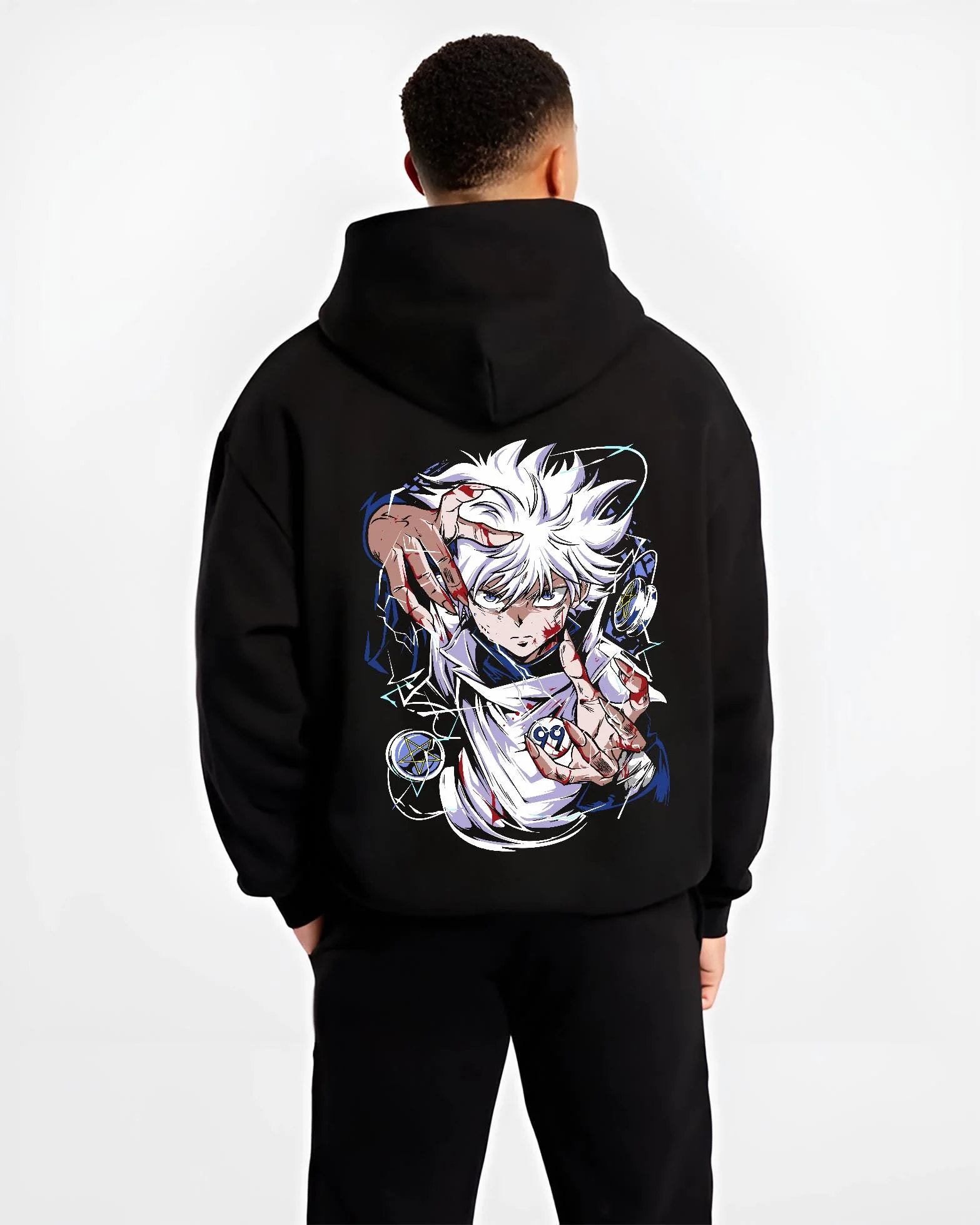 Black hoodie worn by male model, back view with Hunter x Hunter Killua Hoodie Assassin Mode Jumper graphic streetwear graphic.