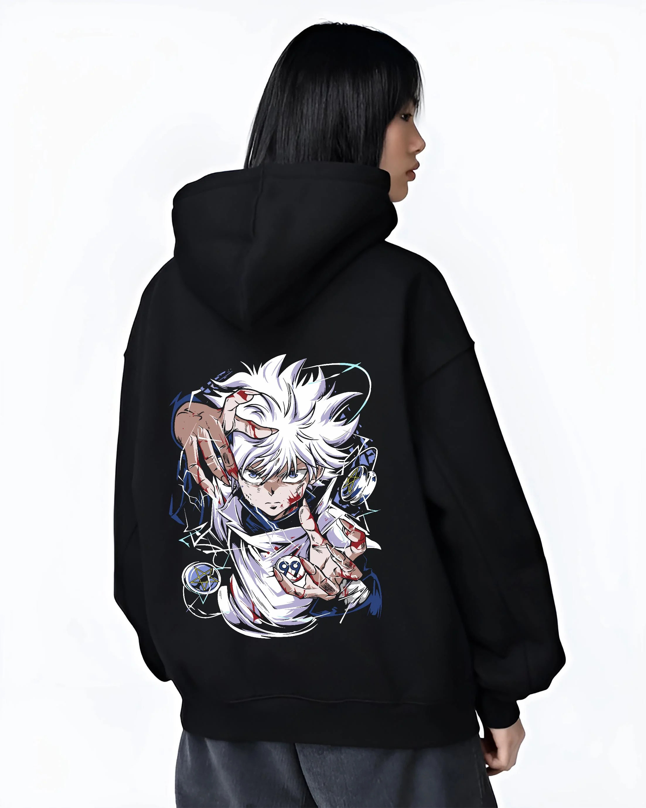 Black hoodie worn by female model, back view with Hunter x Hunter Killua Hoodie Assassin Mode Jumper graphic premium wear.