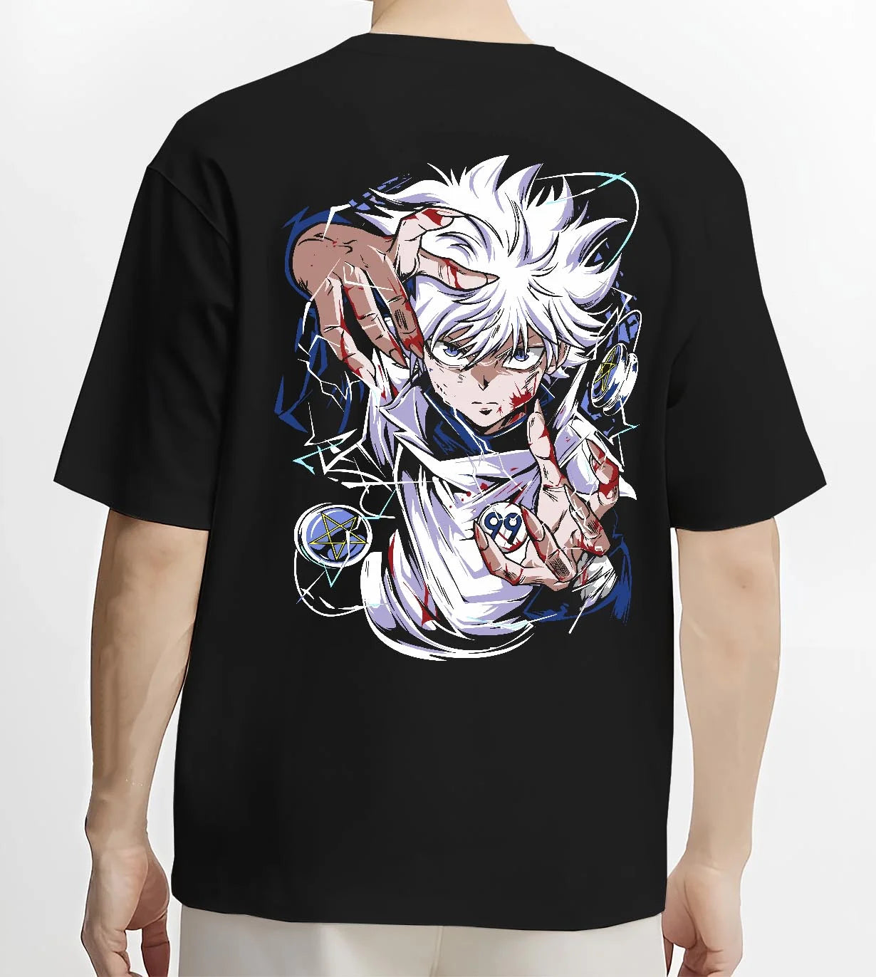 Black T-shirt worn by male model, back view with Hunter x Hunter Killua Hoodie Assassin Mode Jumper graphic streetwear graphic.