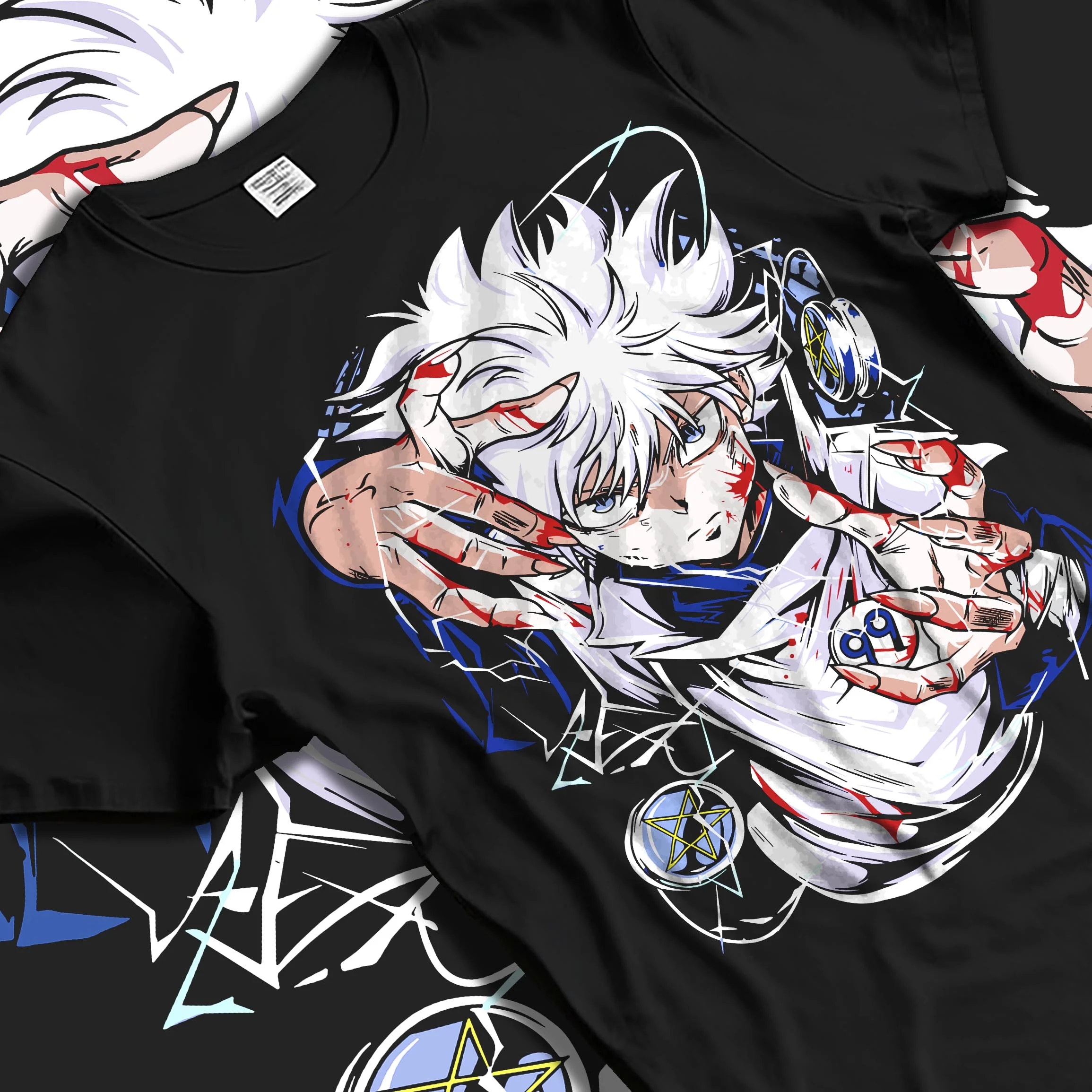 Black T-shirt laid flat with natural folds with Hunter x Hunter Killua Hoodie Assassin Mode Jumper graphic premium wear.