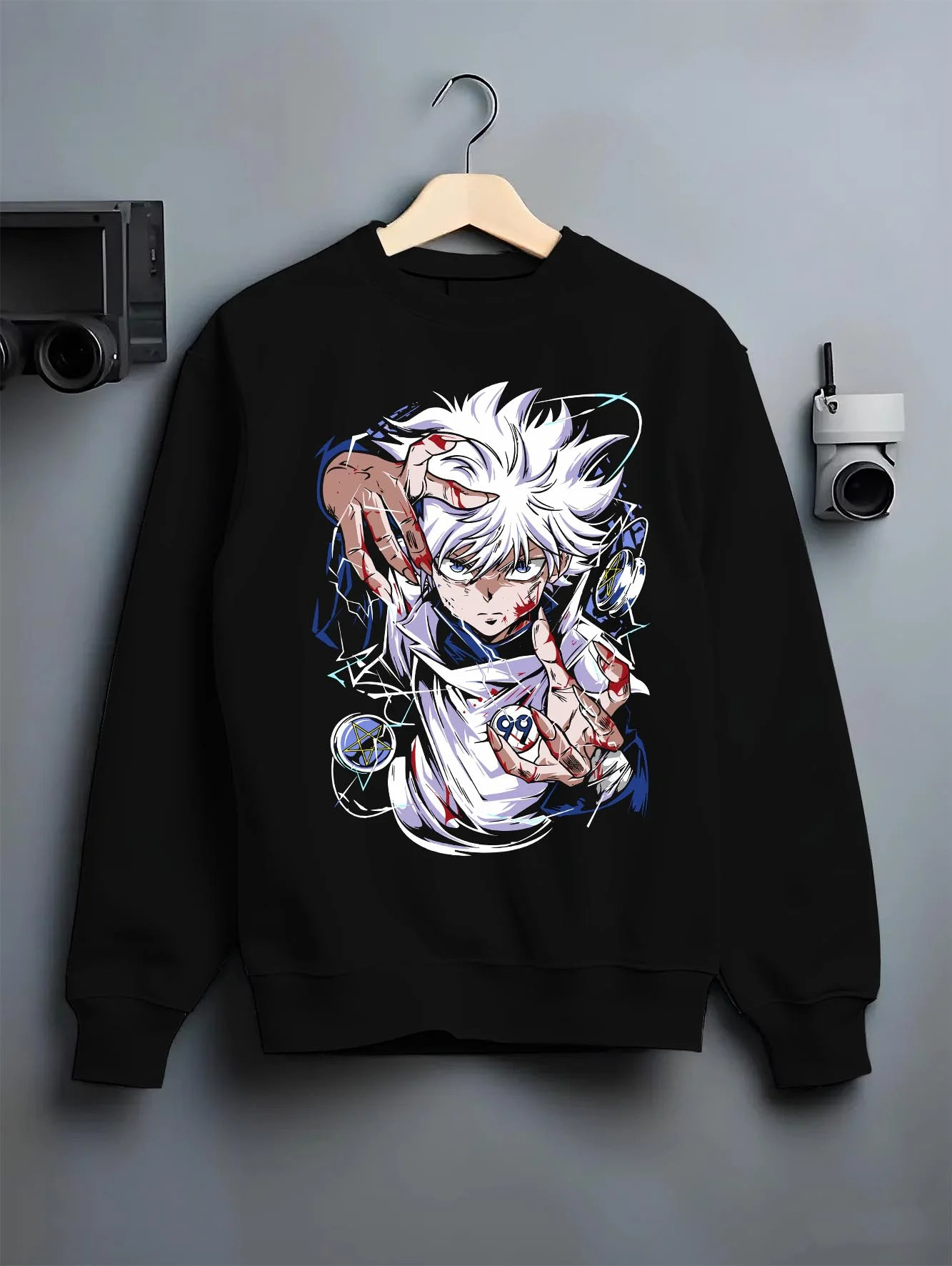 Black crewneck sweatshirt on hanger with Hunter x Hunter Killua Hoodie Assassin Mode Jumper graphic premium wear.