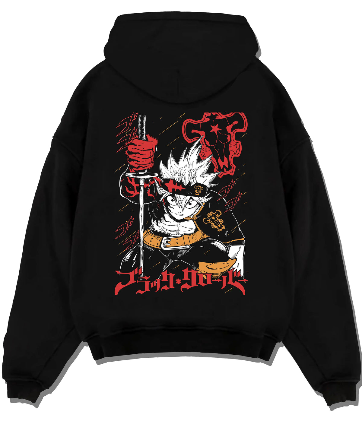 Black hoodie flat back view showing Asta from Black Clover: sword and anti-magic