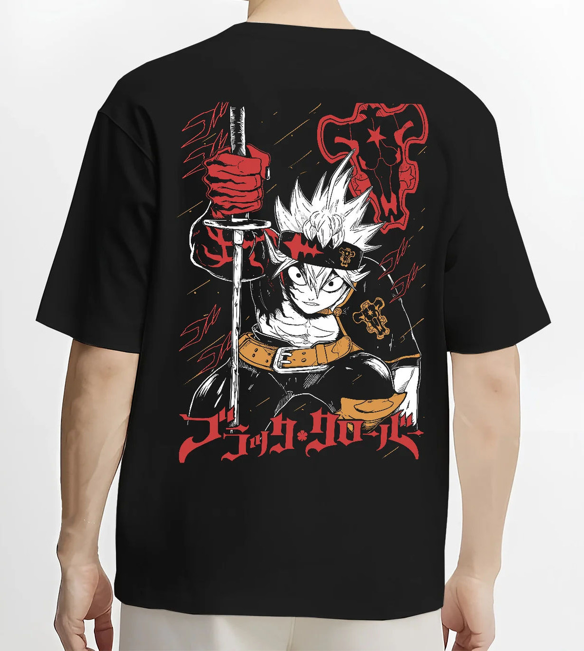 Black T-shirt model back view showing Asta from Black Clover: sword and anti-magic