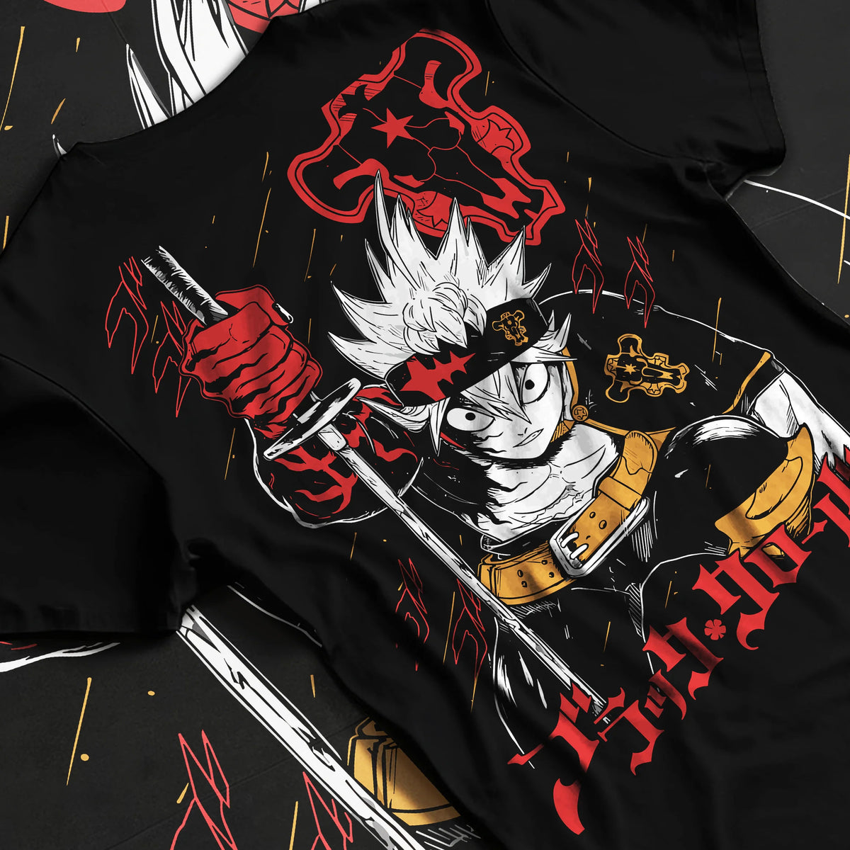 Black T-shirt flat back view showing Asta from Black Clover: sword and anti-magic