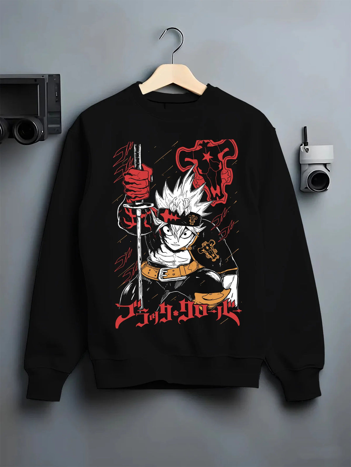 Black crewneck sweatshirt on hanger showing Asta from Black Clover: sword and anti-magic
