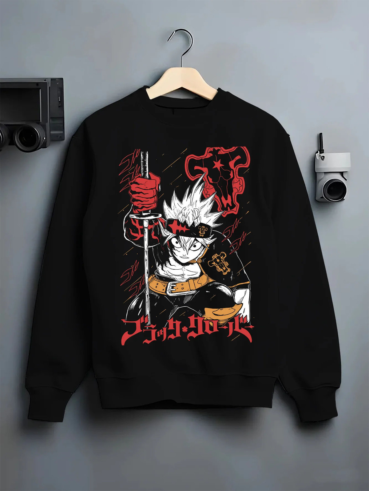 Black crewneck sweatshirt on hanger showing Asta from Black Clover: sword and anti-magic