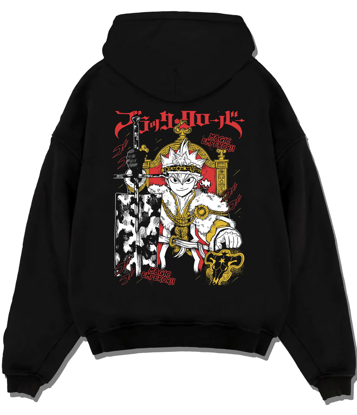 Black hoodie flat back view showing Asta from Black Clover: Magic Emperor and sword