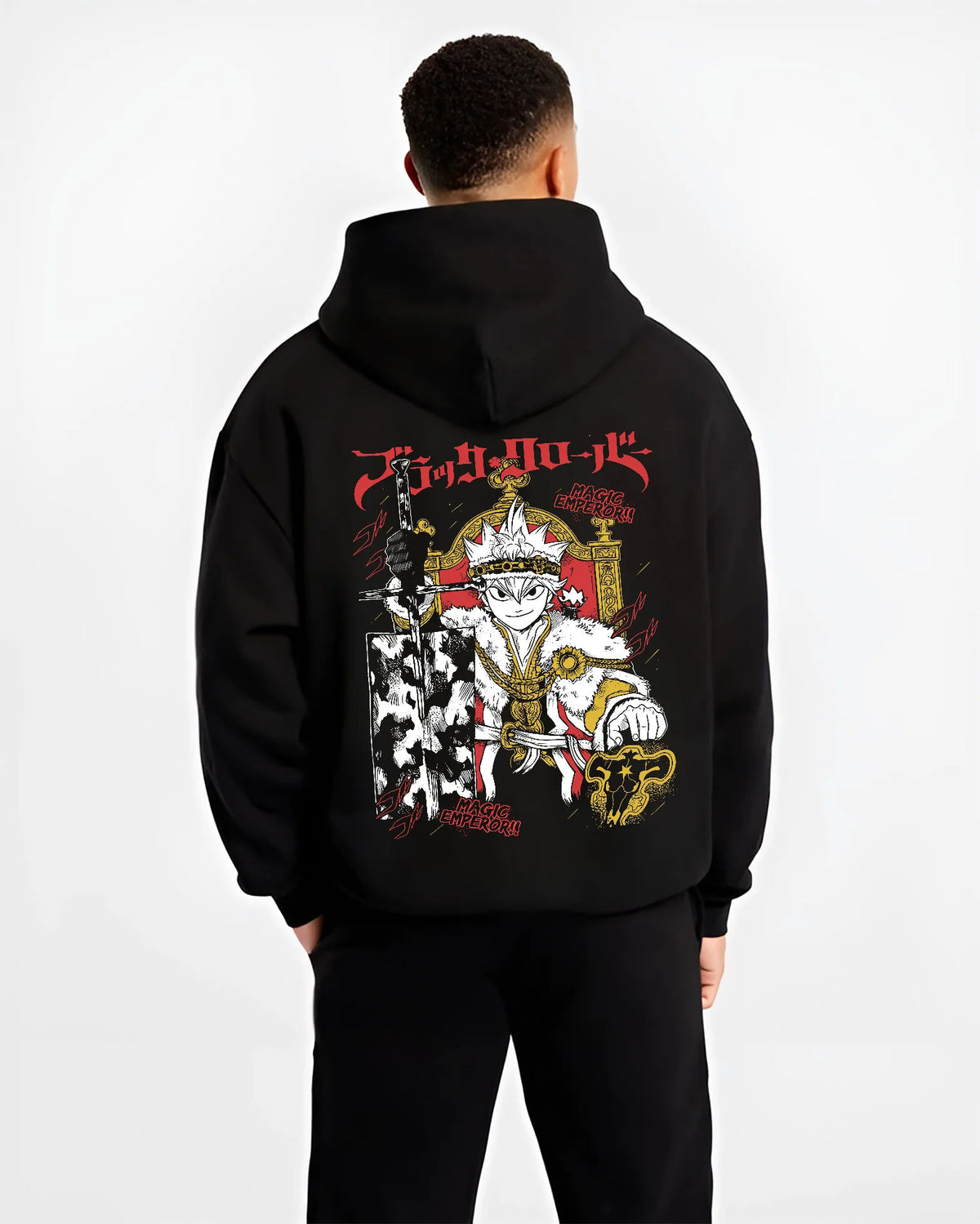 Black hoodie model back view showing Asta from Black Clover: Magic Emperor and sword