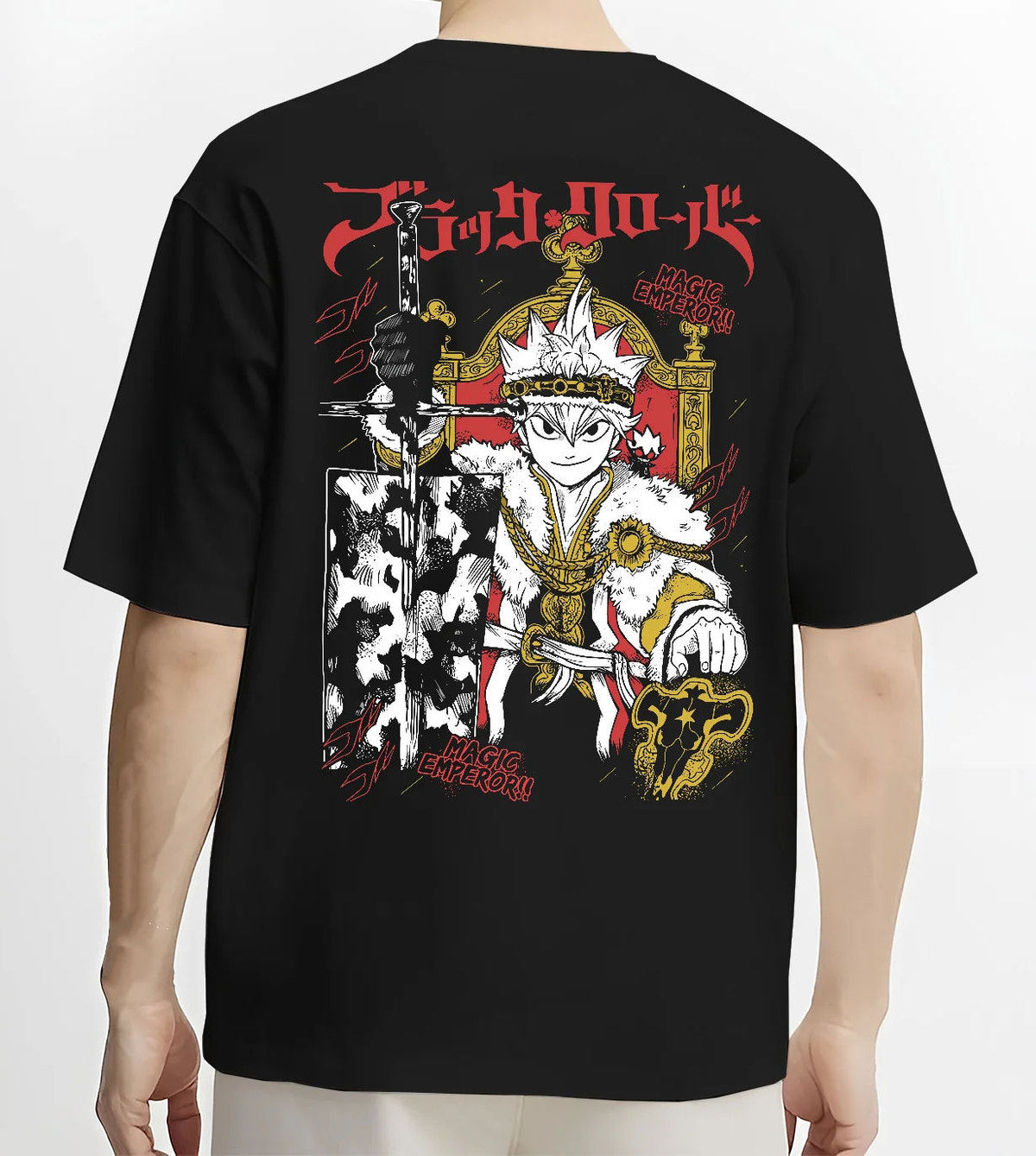 Black T-shirt model back view showing Asta from Black Clover: Magic Emperor and sword